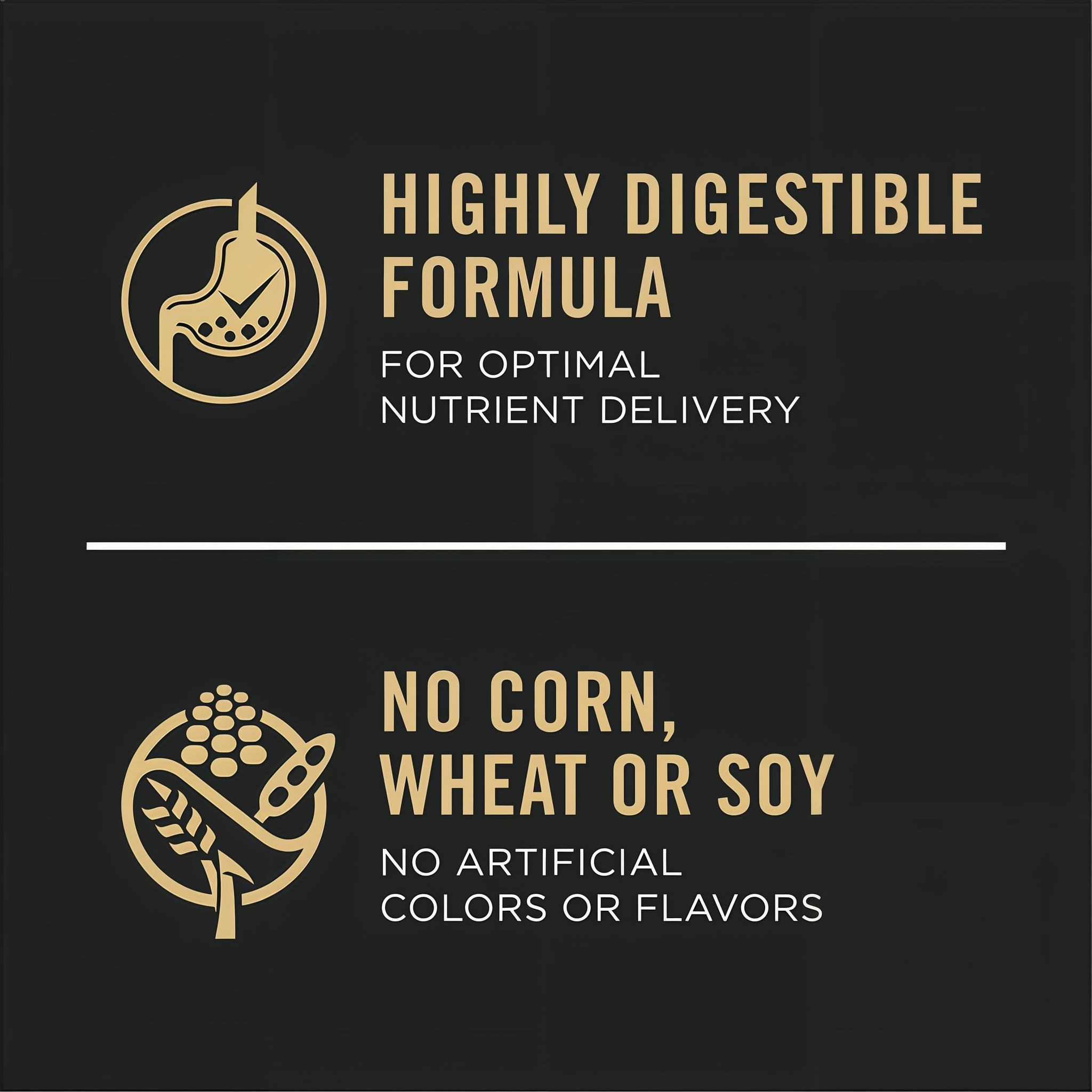 Package label panel noting the recipe contains no corn, wheat, or soy