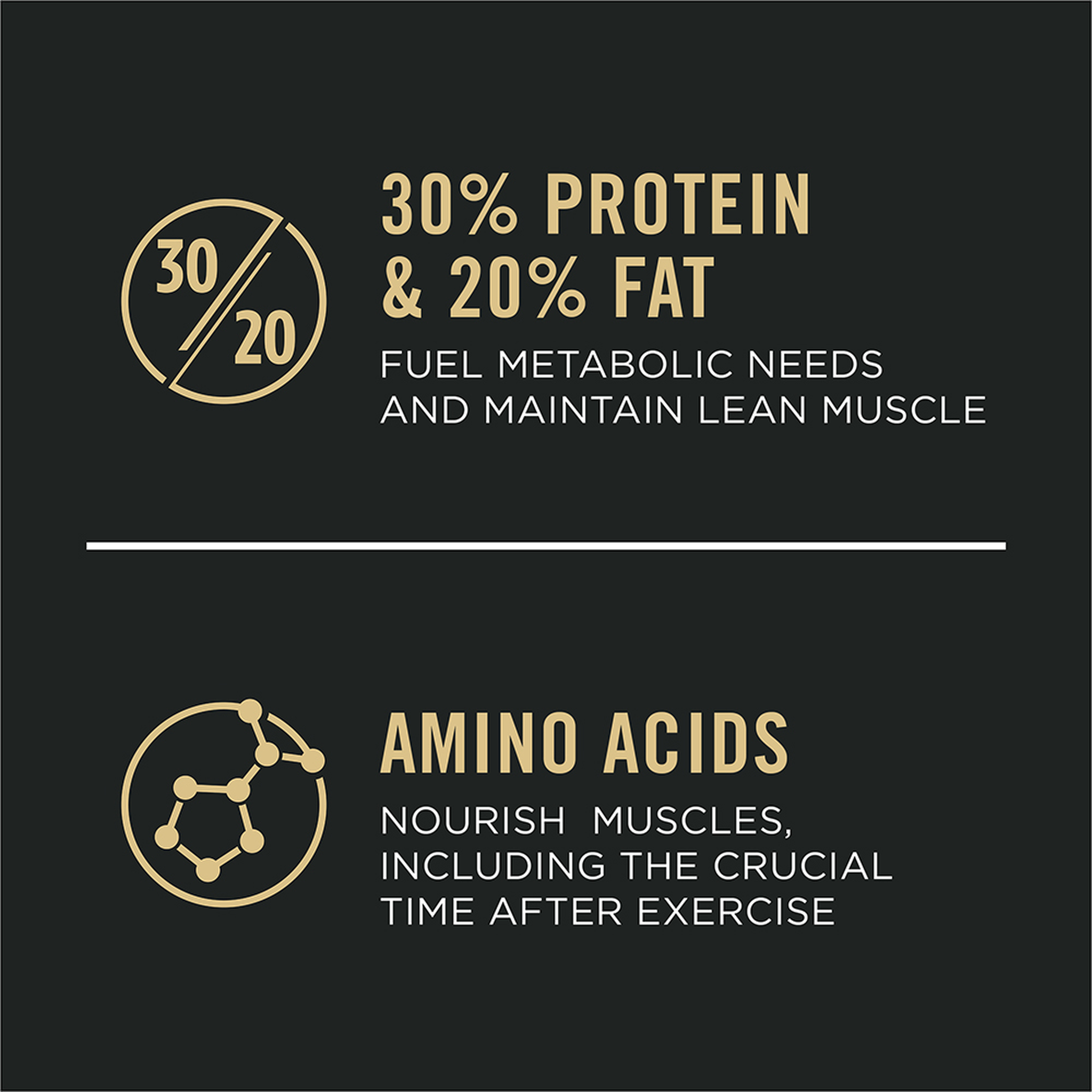 30 percent protein and 20 percent fat fuel metabolic needs, amino acids nourish muscles after exercise