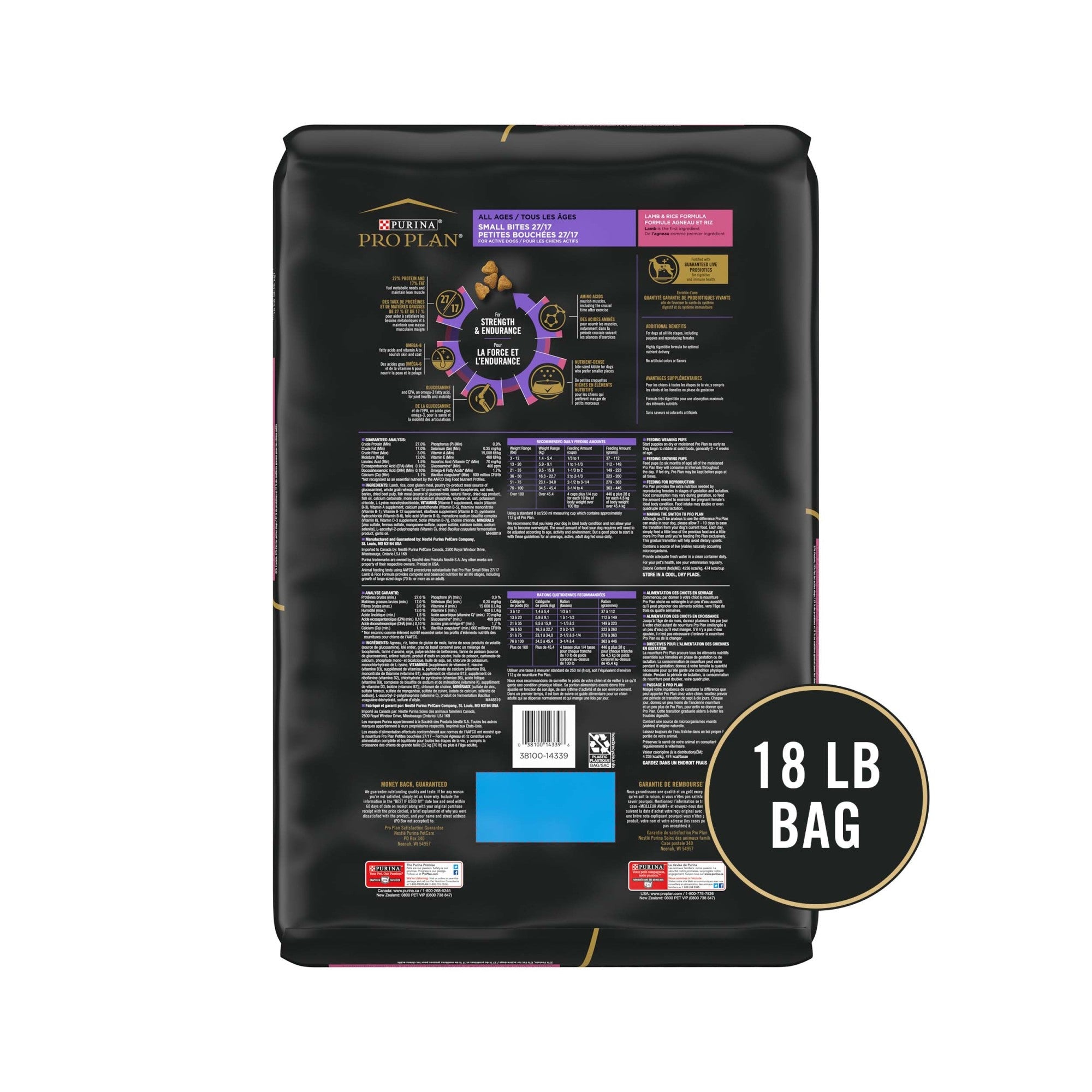 Back of the Purina Pro Plan Sport Small Bites 27/17 Lamb and Rice 18 lb bag showing the full label panel