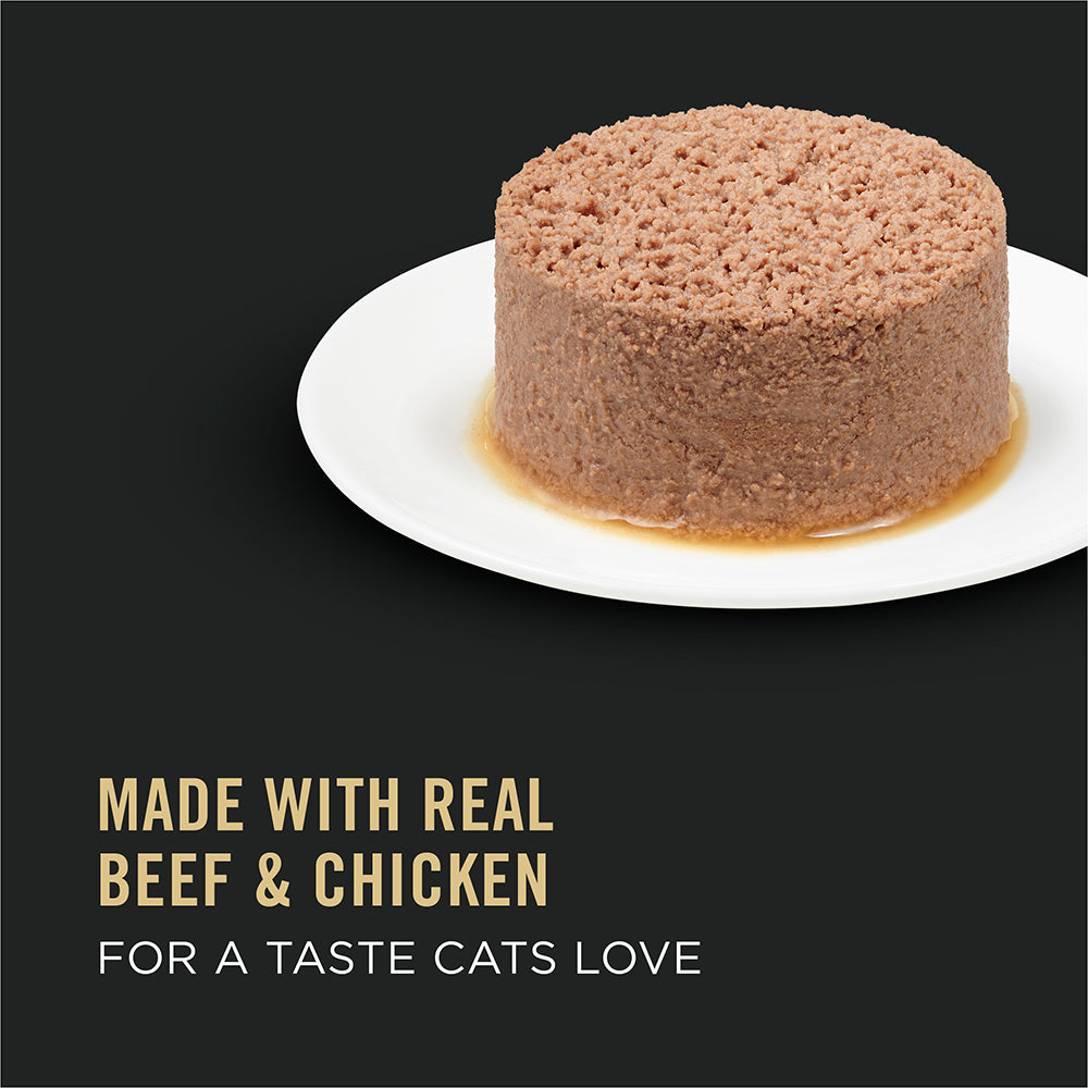 Made with real beef and chicken, pate loaf served on a white plate
