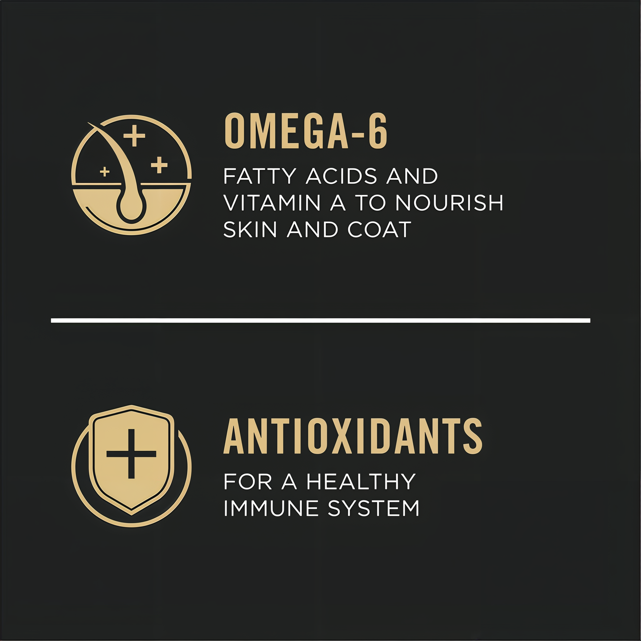 Omega-6 fatty acids and vitamin A to nourish skin and coat plus antioxidants for a healthy immune system