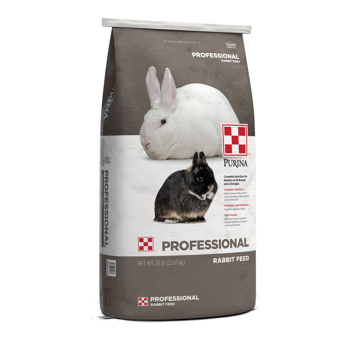Purina Professional Rabbit Feed 50 lb bag angled view