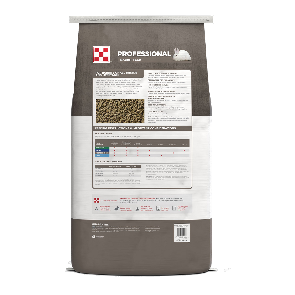 Back of the Purina Professional Rabbit Feed bag with feeding chart and guaranteed analysis