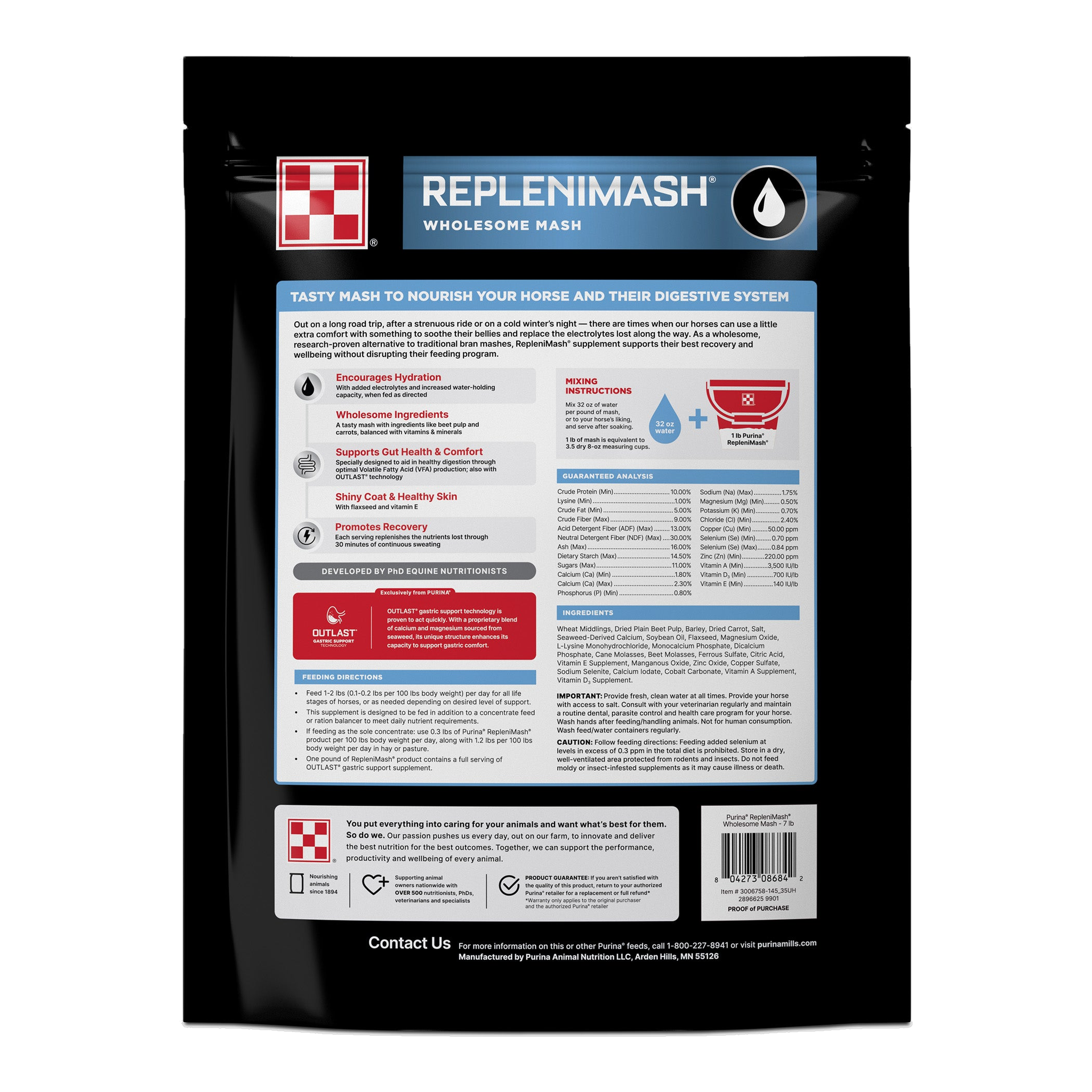 Back of the Purina RepleniMash bag with mixing instructions and analysis