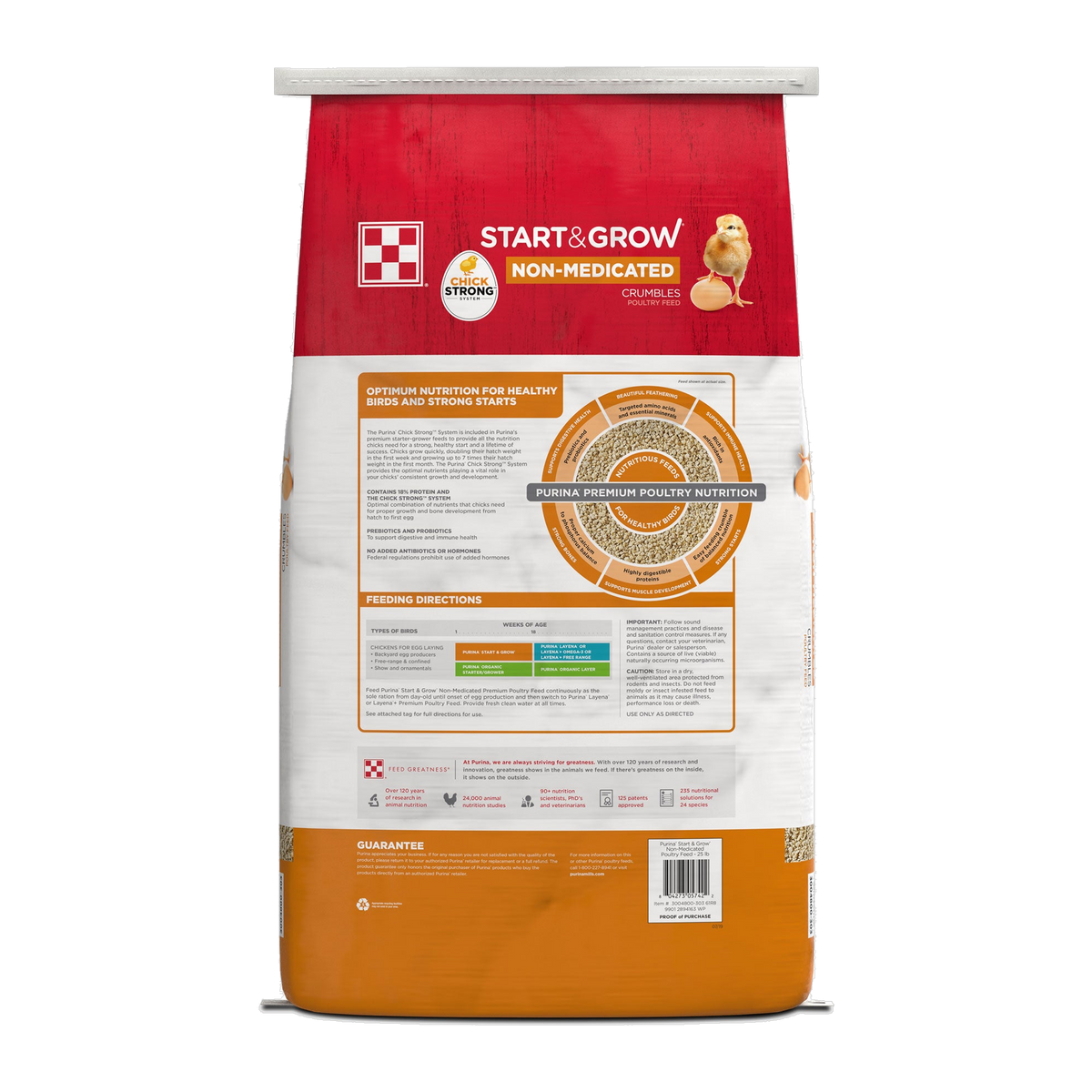 Back of the Purina Start and Grow Non-Medicated bag showing feeding directions and guaranteed analysis