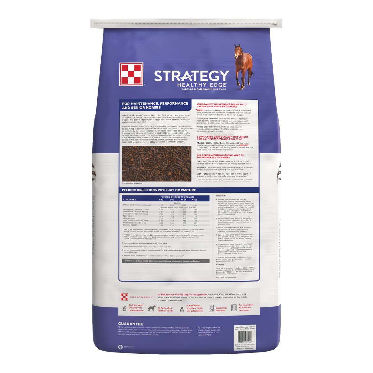 Purina Strategy Healthy Edge Horse Feed -- back of the bag with feeding directions and guaranteed analysis