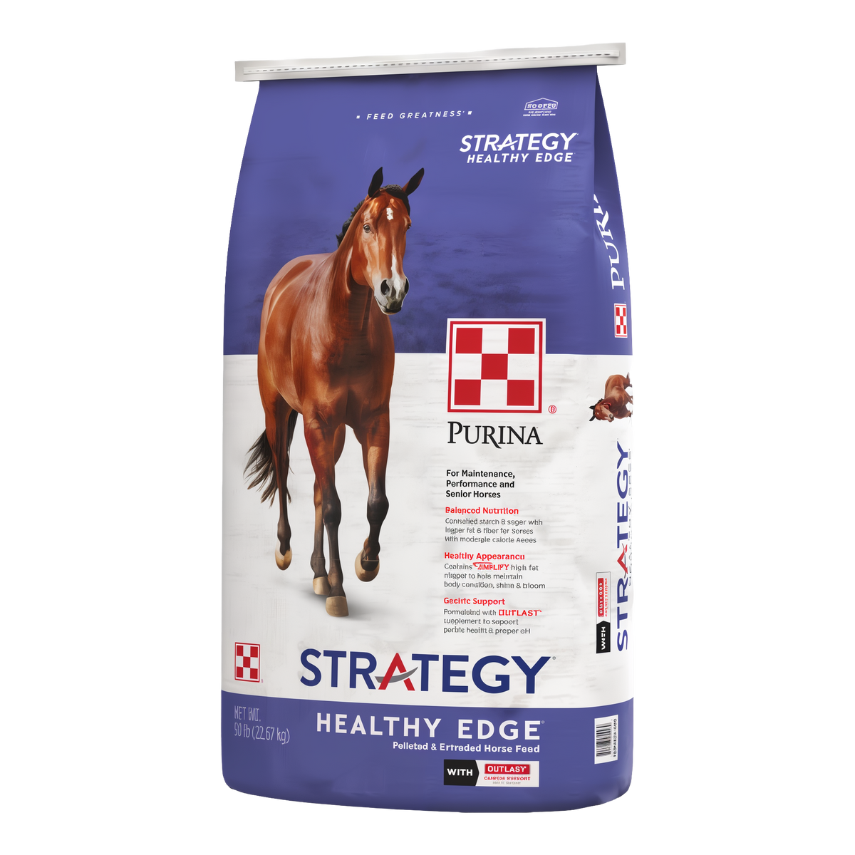 Purina Strategy Healthy Edge Horse Feed 50 lb bag, right three-quarter view