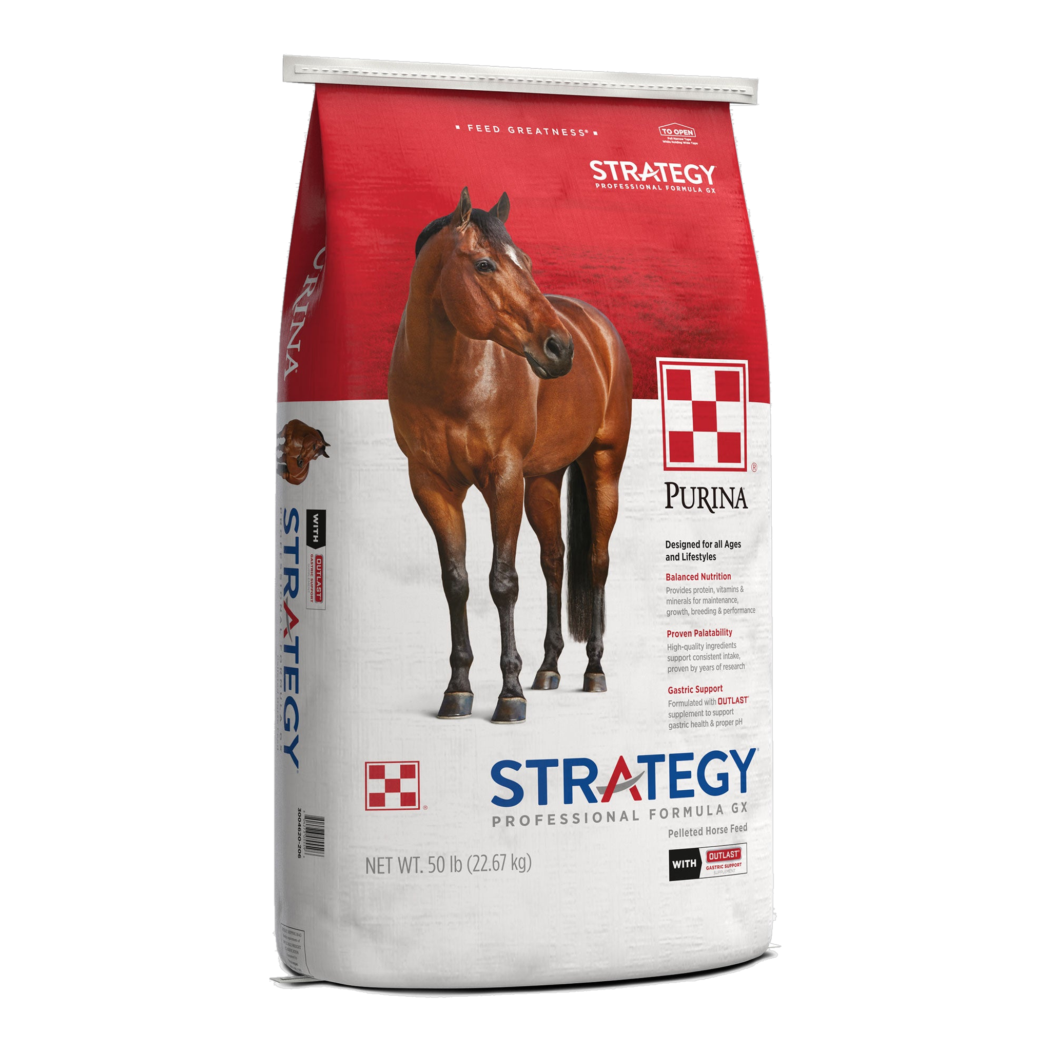 Purina Strategy Professional Formula GX horse feed 50 lb bag, left three-quarter view