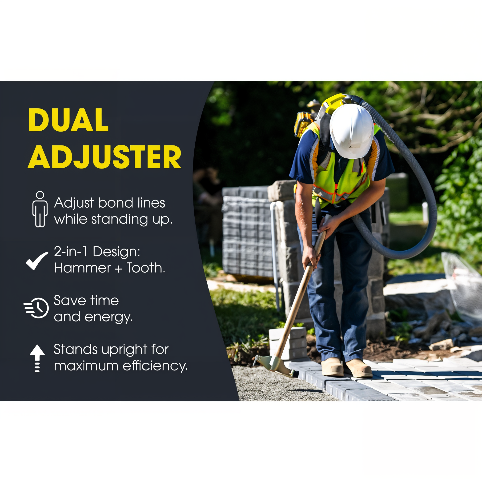 Quick-E-Dual Adjuster features callout: rubber tap face, hardened steel pull tooth, stand-up handle, replaceable wear parts