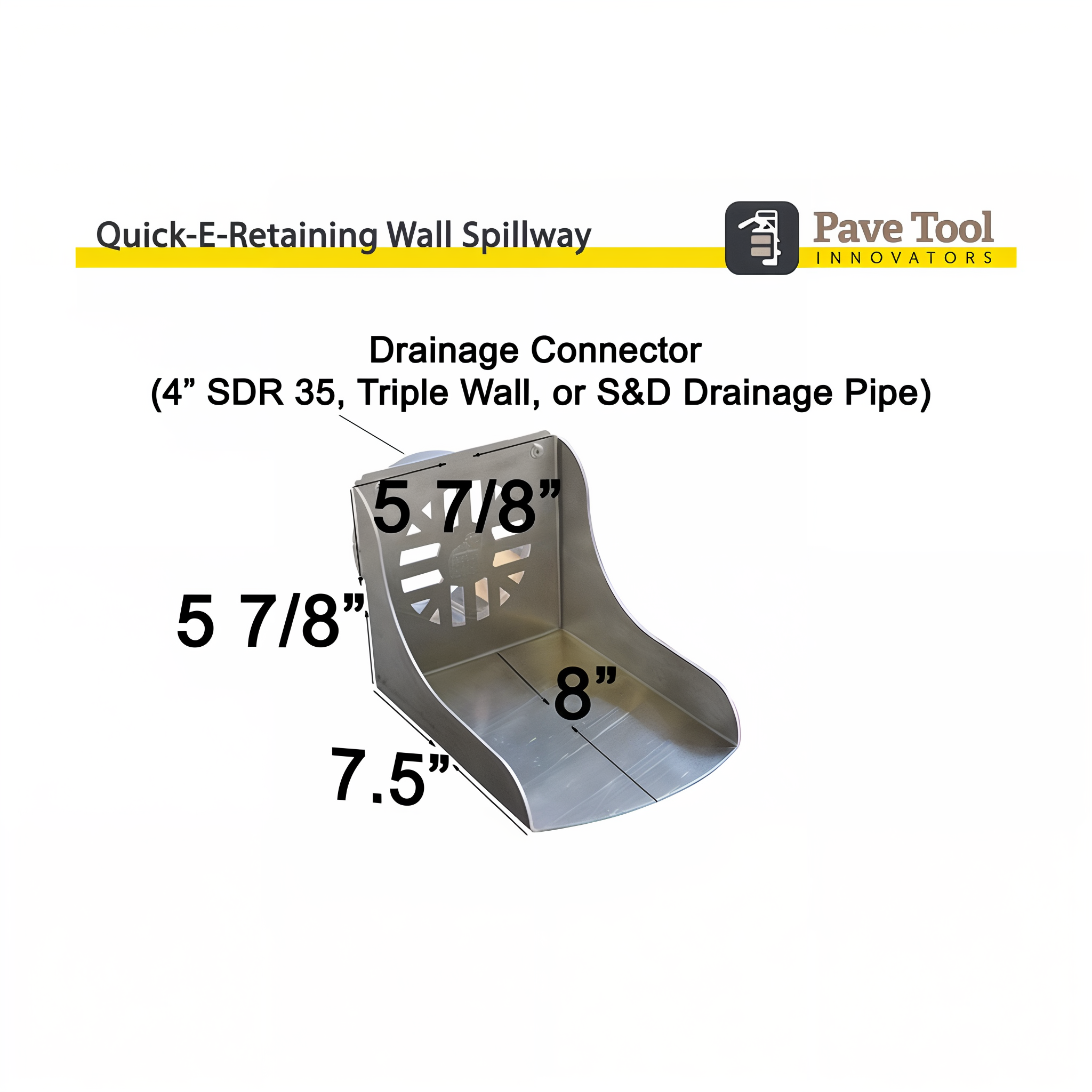 Pave Tool Quick-E-Retaining Wall Spillway specification sheet showing installation detail and pipe fitment