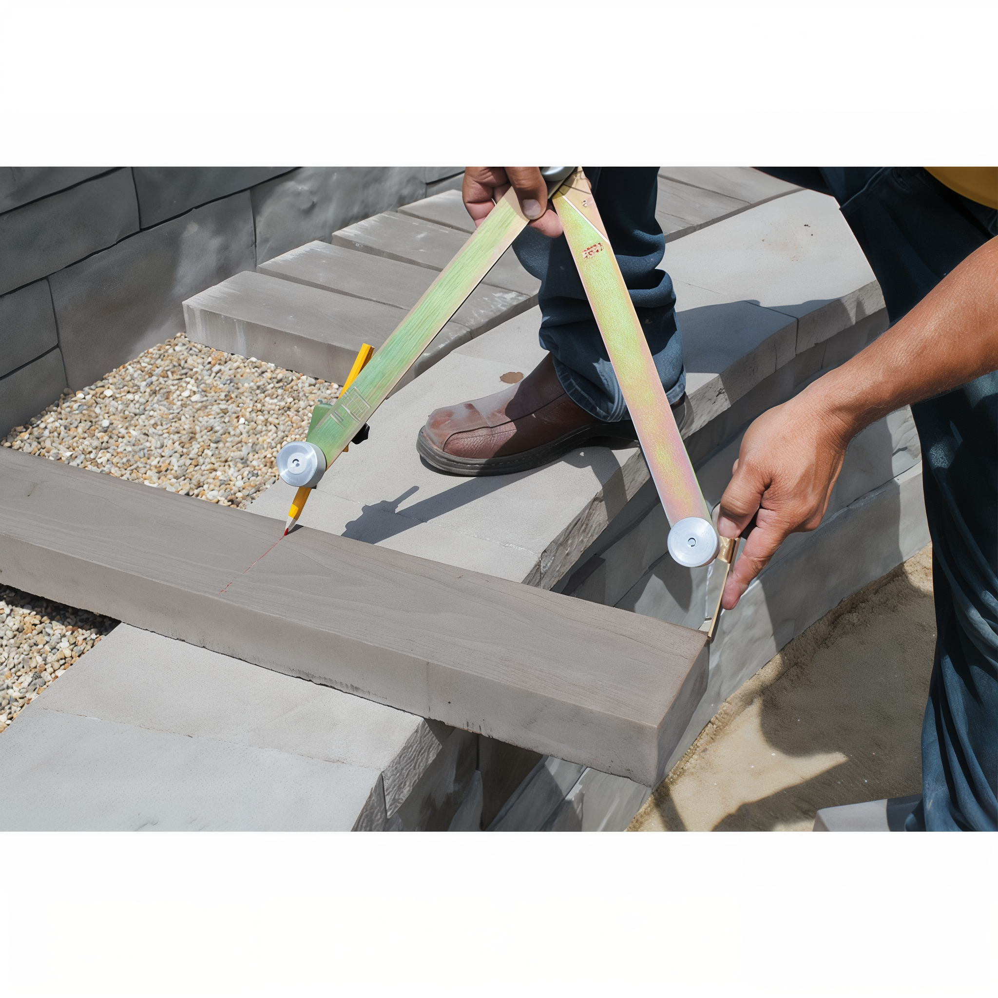 Marking the cut line on a paver block with the Quick-E-Scribes before grinding or wet-sawing