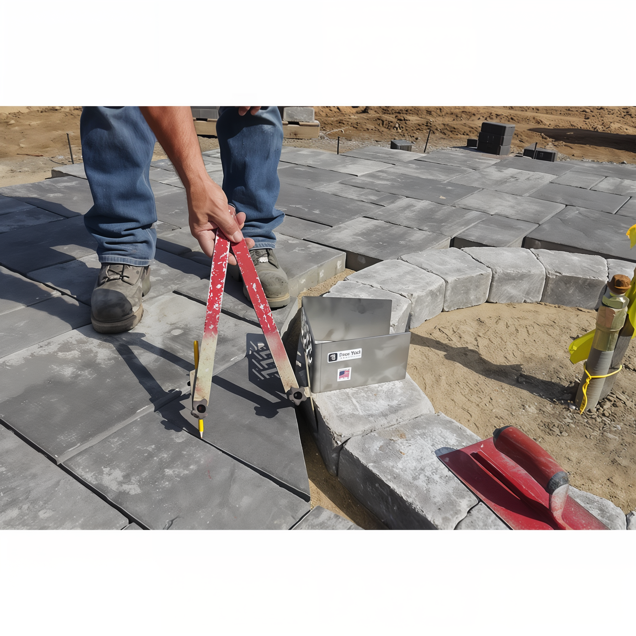 Marking radius cuts for a fire pit installation using the Quick-E-Scribes in compass mode