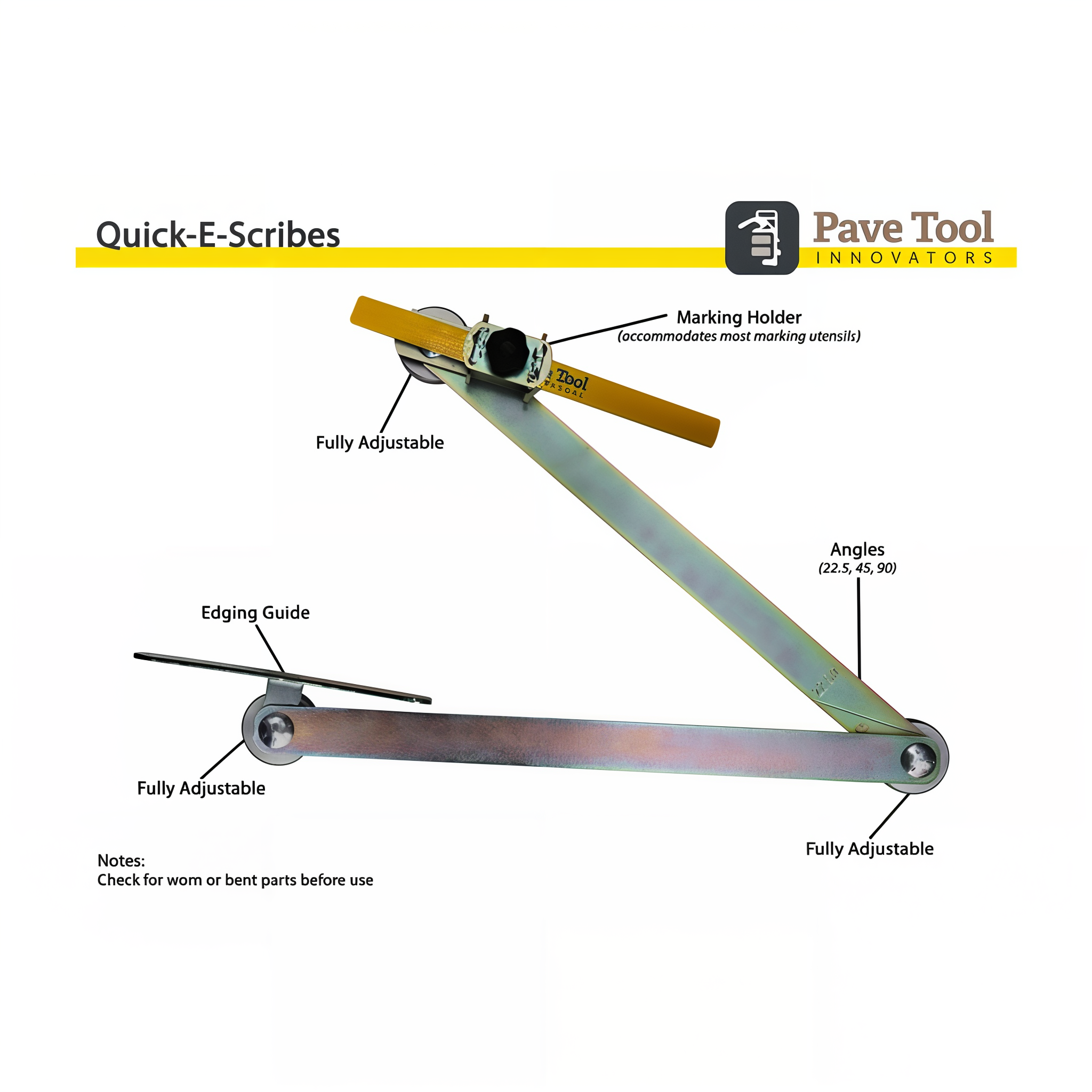 Pave Tool Quick-E-Scribes specification sheet diagram showing twin-arm scribing operation and angle references