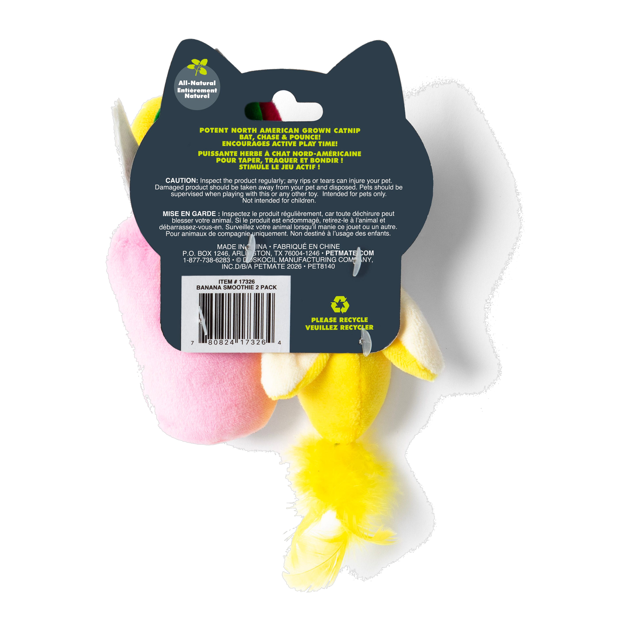 Quirky Kitty Banana Smoothie packaging back with product details and catnip information