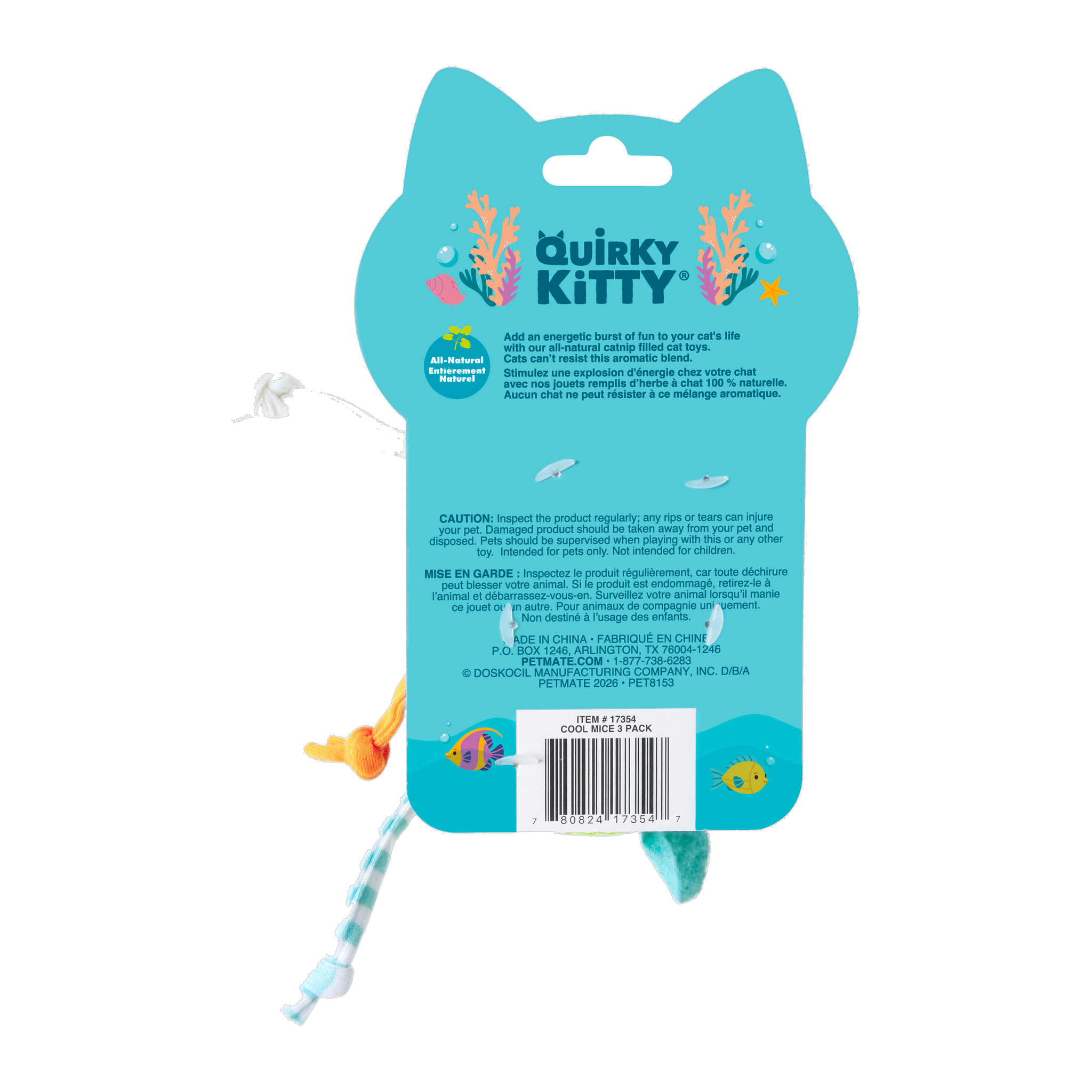 Quirky Kitty Cool Mice packaging back with product details and catnip information
