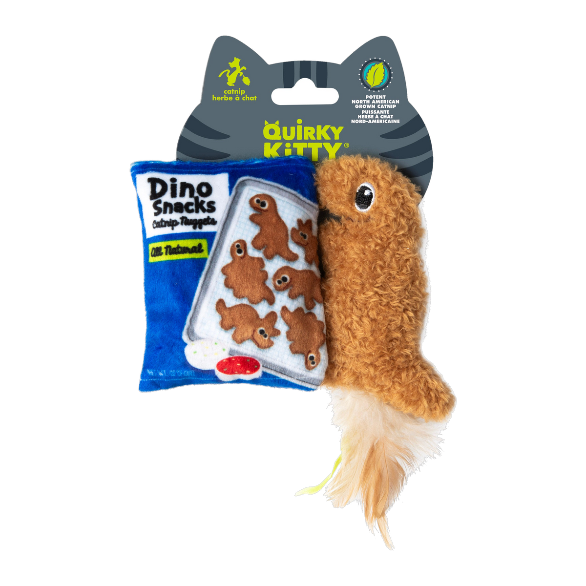 Quirky Kitty Dino Snacks 2 pack catnip cat toys retail packaging front view