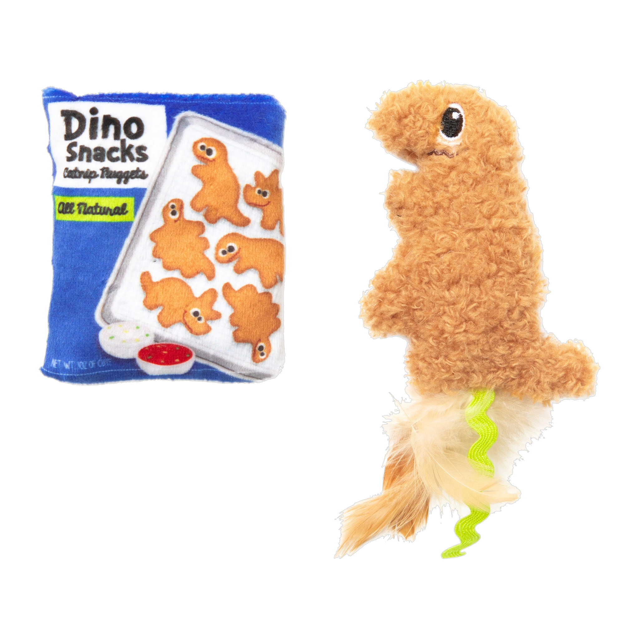 Quirky Kitty Dino Snacks plush catnip nuggets bag and fluffy tan dino nugget cat toys