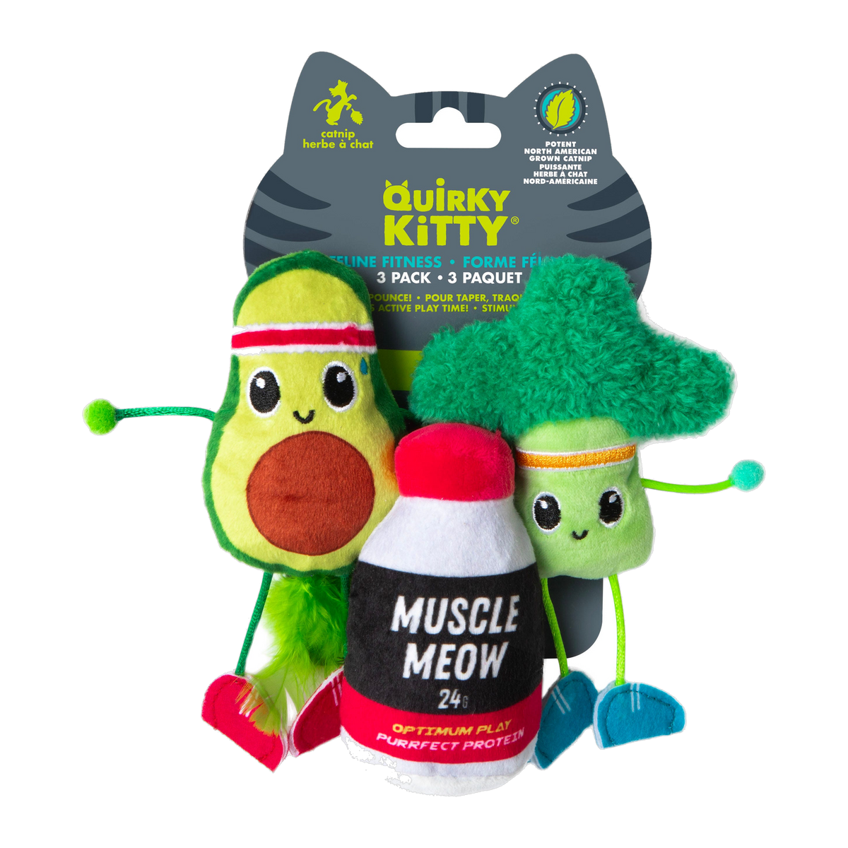Quirky Kitty Feline Fitness 3 pack catnip cat toys retail packaging front view