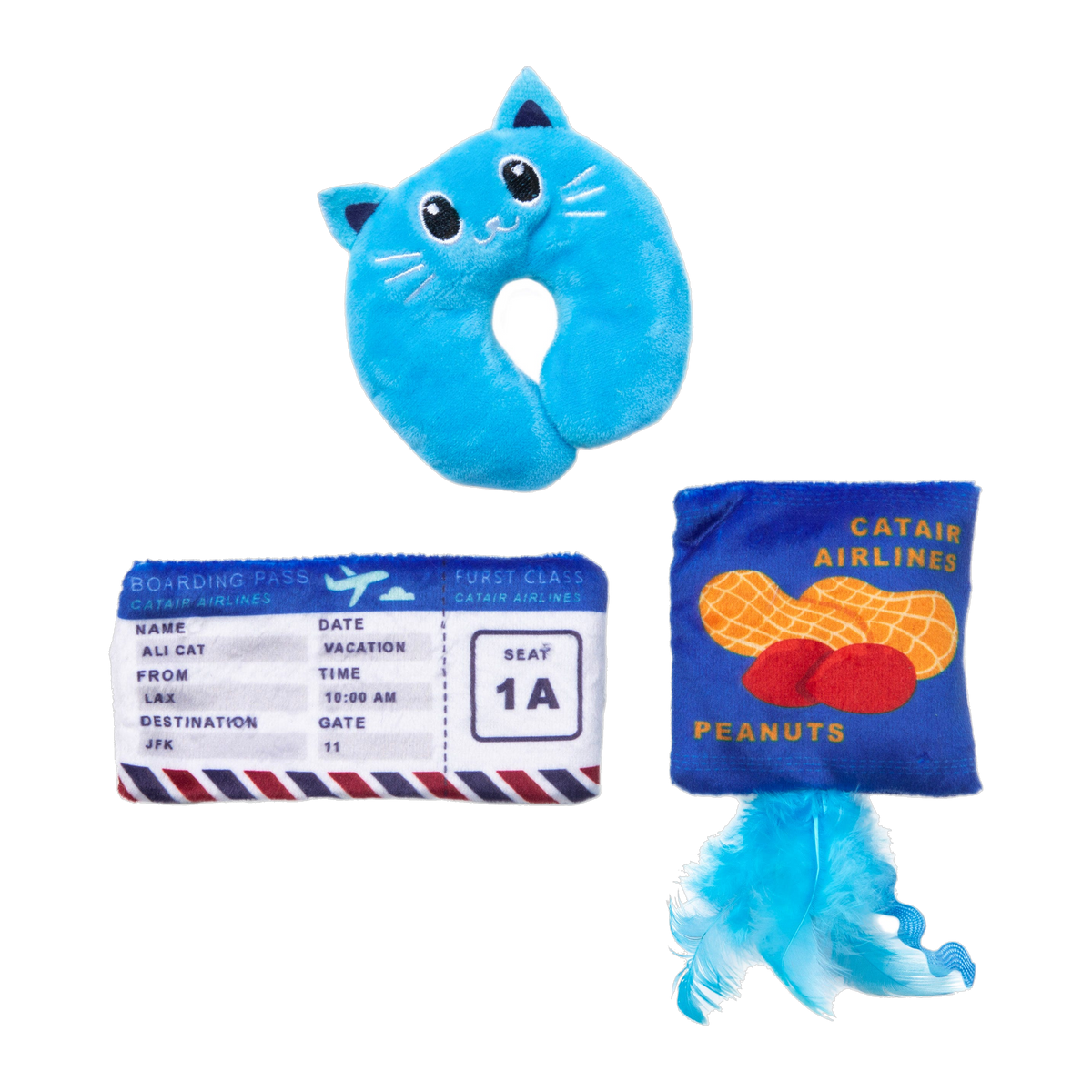 Quirky Kitty Furst Class plush neck pillow, boarding pass, and peanut bag catnip cat toys
