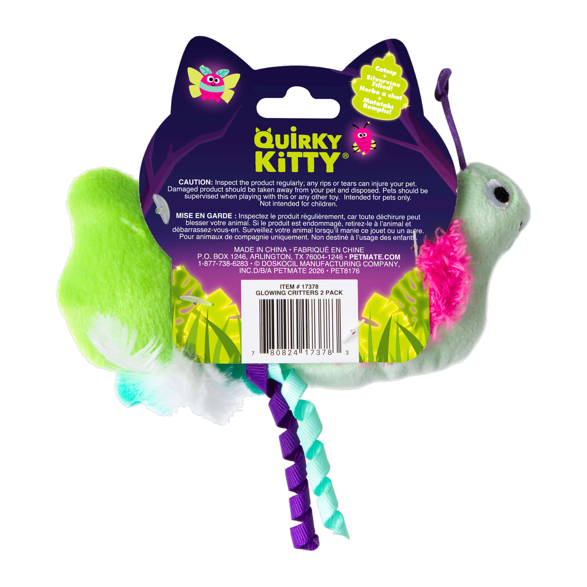 Quirky Kitty Glow Critters packaging back with product details and catnip and silvervine callout