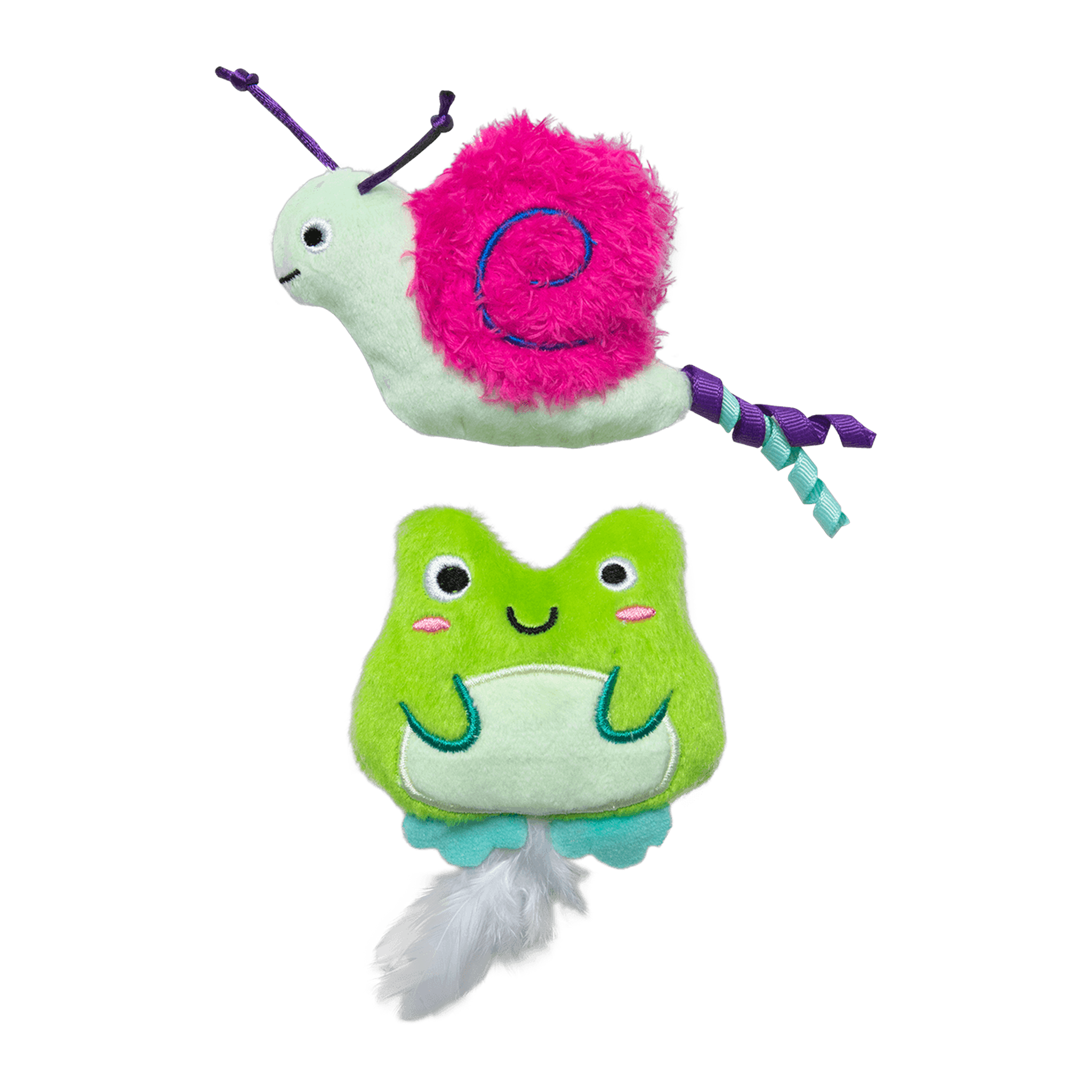 Quirky Kitty Glow Critters mint snail with pink shell and green frog with feather