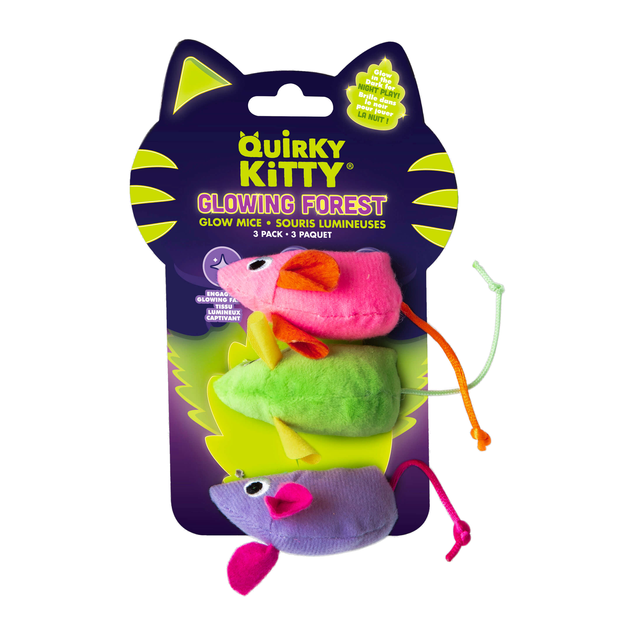 Quirky Kitty Glow Mice 3 Pack Glowing Forest retail packaging front view
