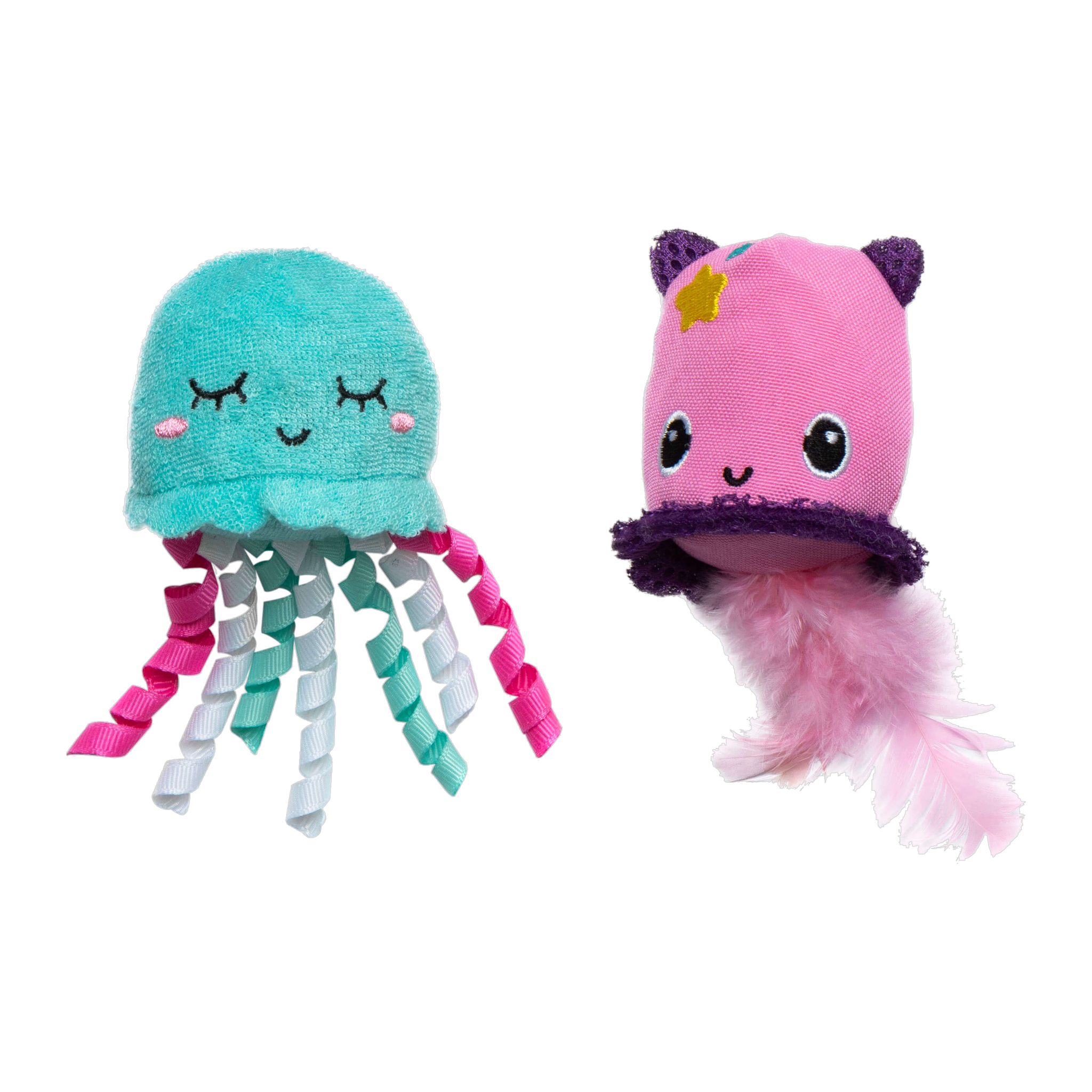 Quirky Kitty Jellyfish & Chill teal jellyfish with curly ribbons and pink jellyfish with feather tail