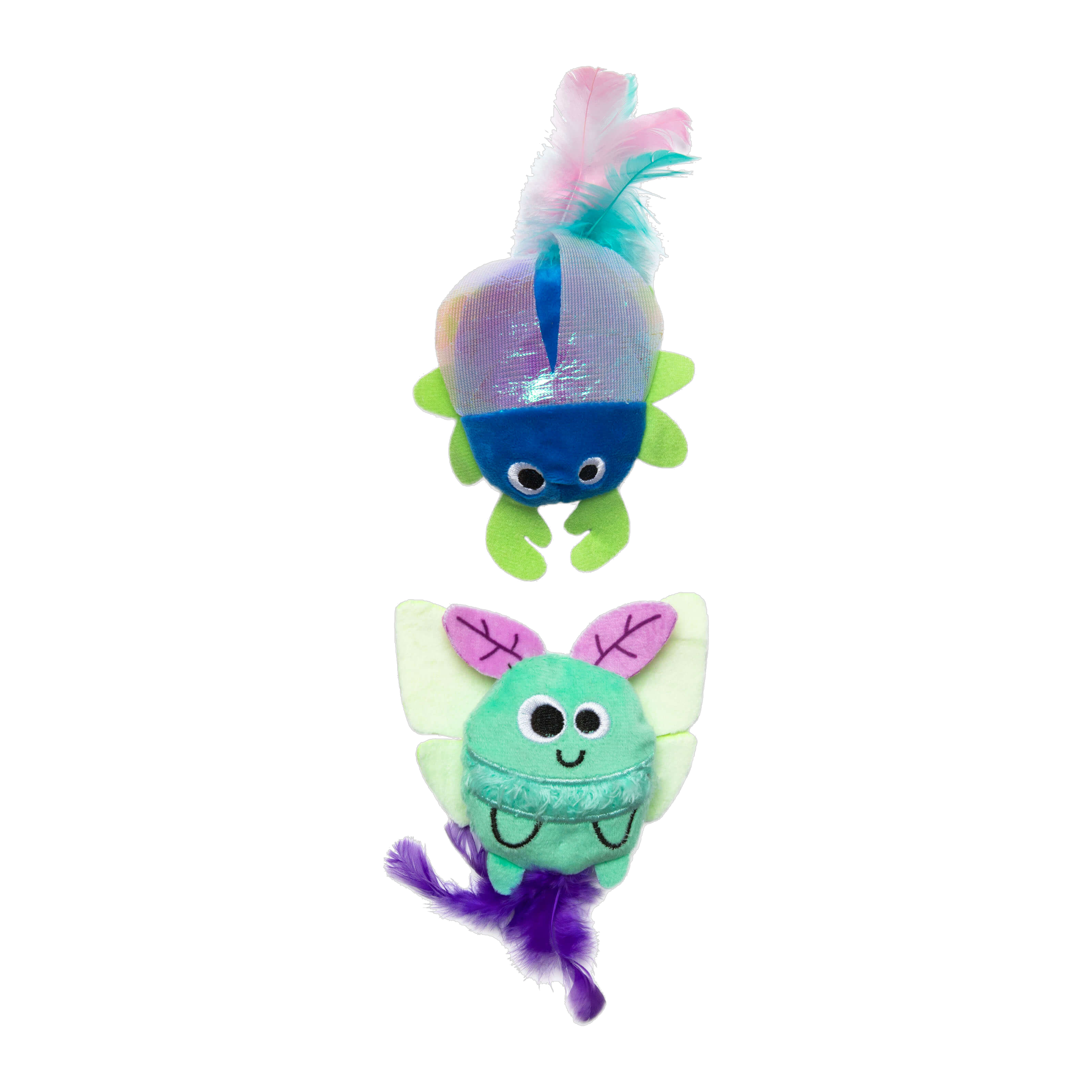 Quirky Kitty Luna Bugs plush blue beetle and mint luna moth glow cat toys