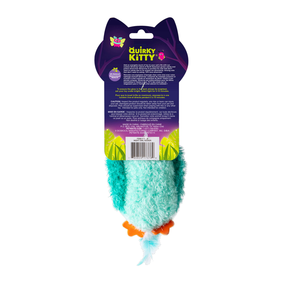 Quirky Kitty Night Owl Kicker packaging back with product details and glow charging instructions