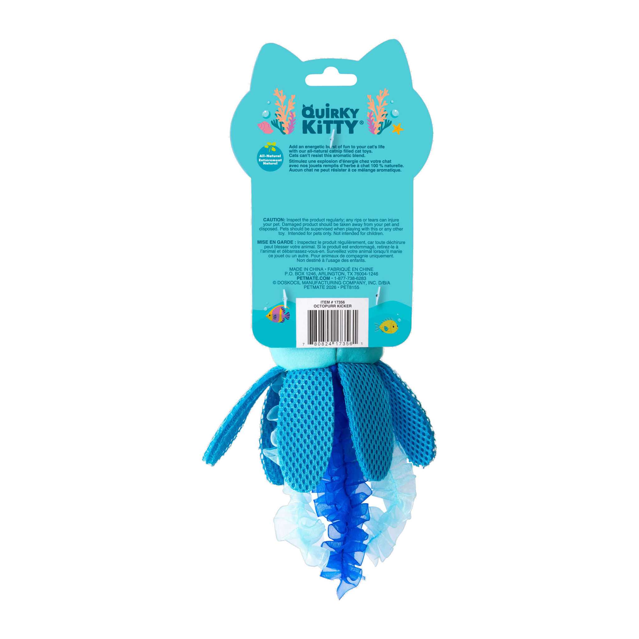Quirky Kitty Octopurr Kicker packaging back with product details and safety information