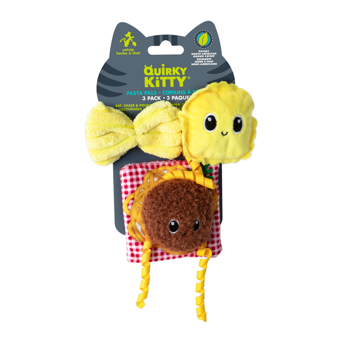 Quirky Kitty Pasta Pals 3 Pack catnip cat toys retail packaging front view