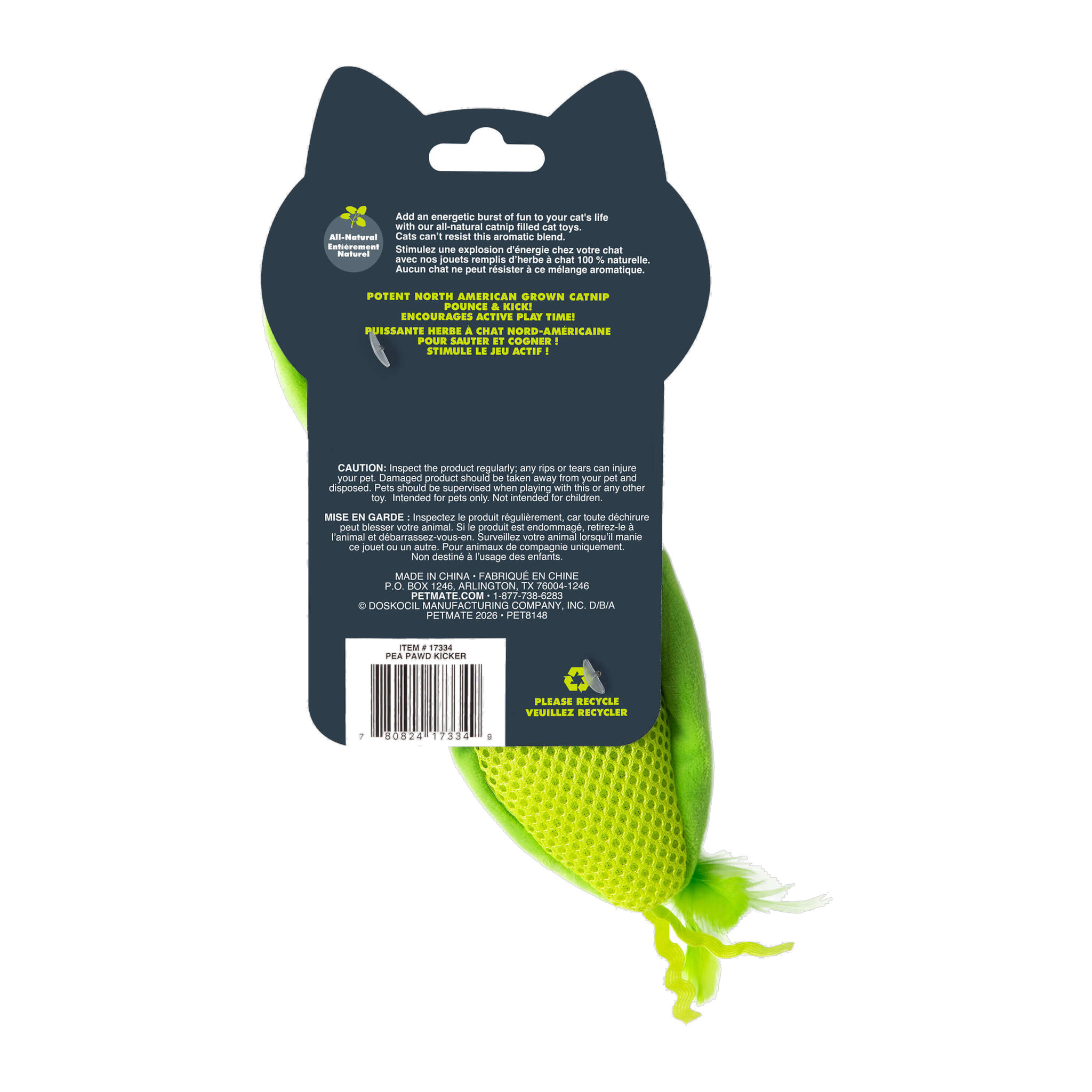 Quirky Kitty Pea Pawd Kicker packaging back with product details and catnip information