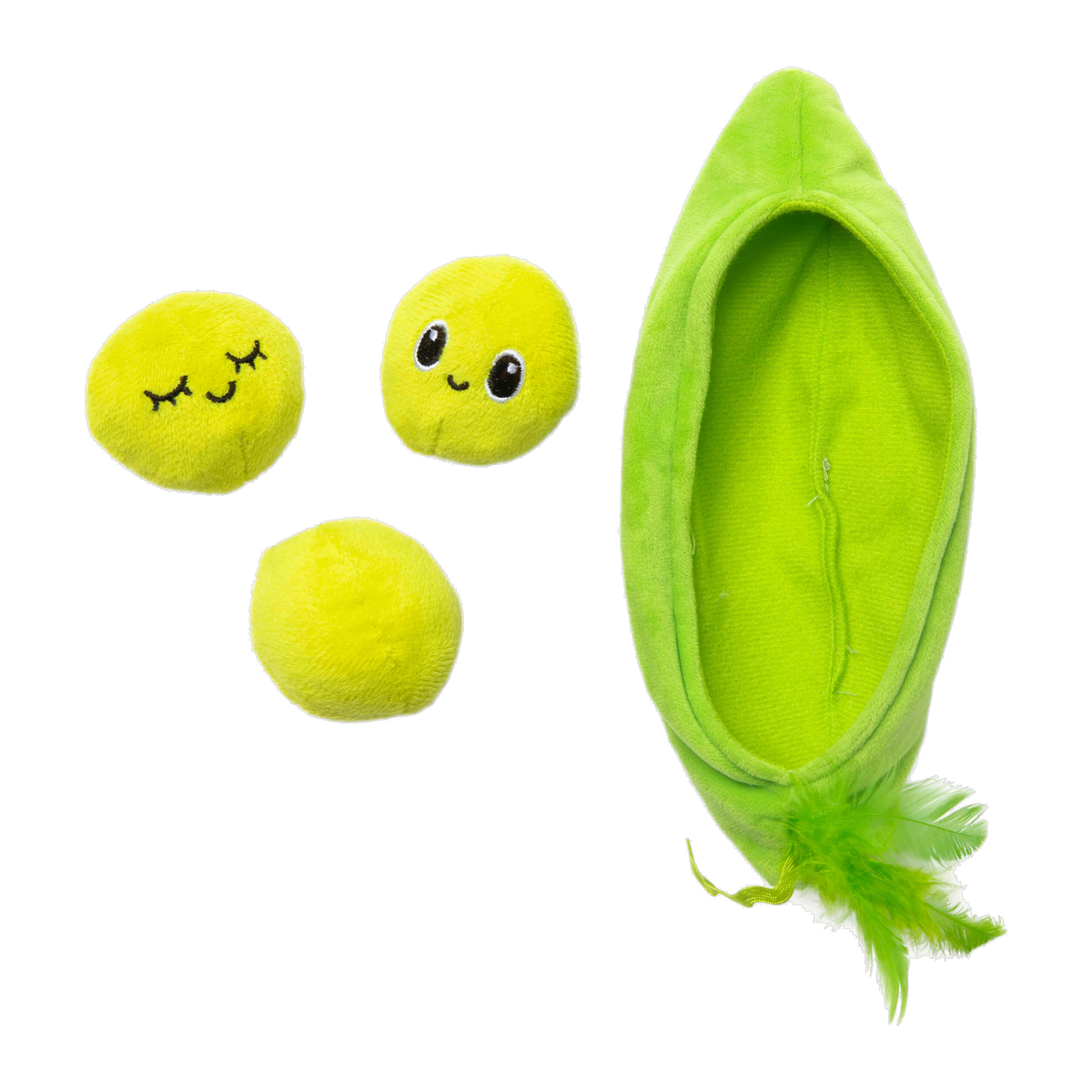 Quirky Kitty Pea Pawd Kicker three removable plush peas shown beside the open green pod