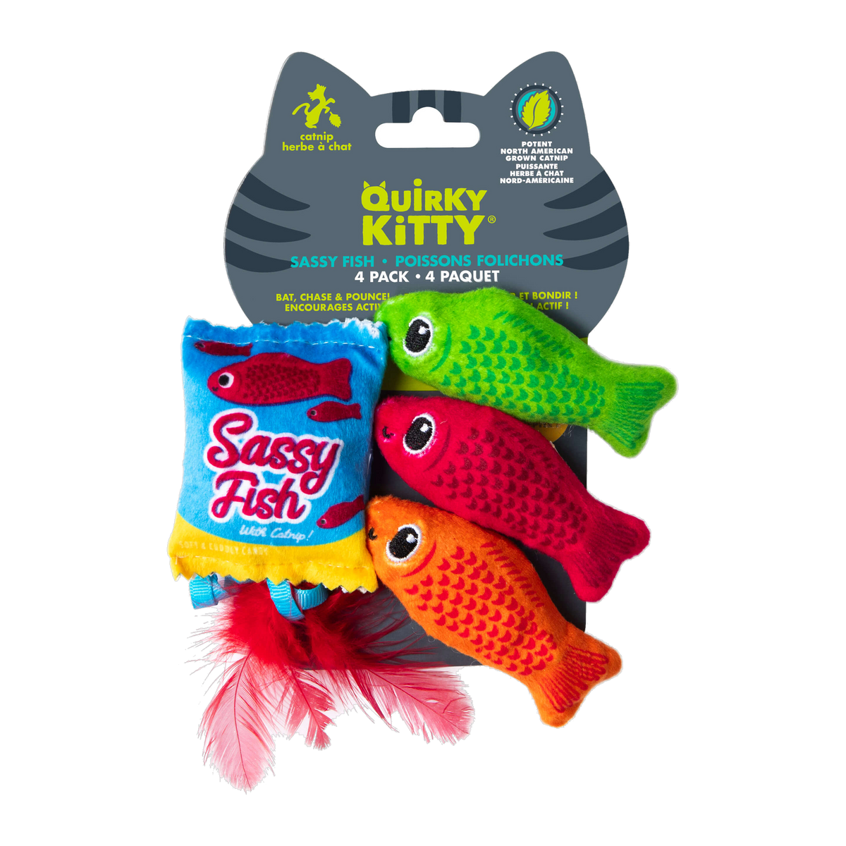 Quirky Kitty Sassy Fish 4 Pack catnip cat toys retail packaging front view