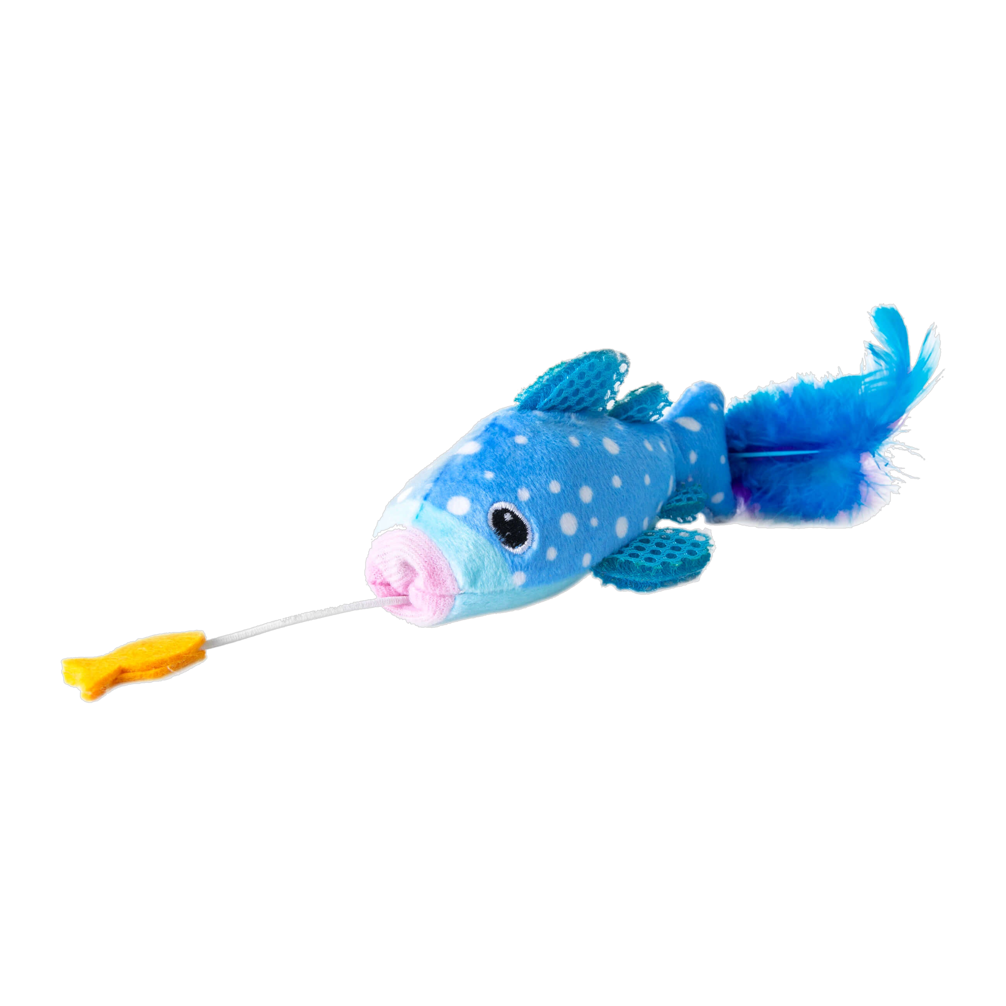 Quirky Kitty Whale Shark Chomper blue spotted plush shark with feather tail and felt fish on cord