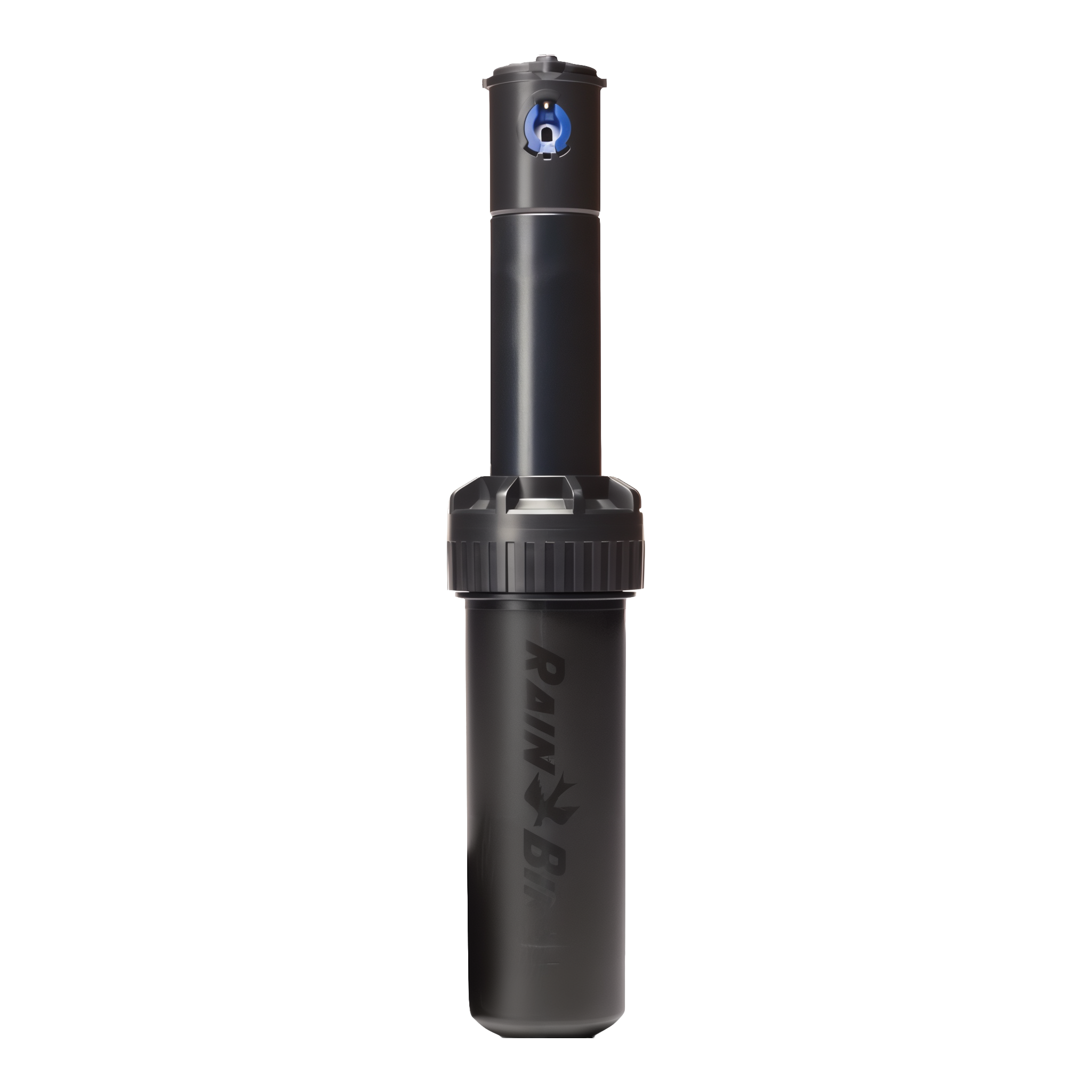 Rain Bird 5004 Plus rotor sprinkler shown with riser up and nozzle engaged in spray position