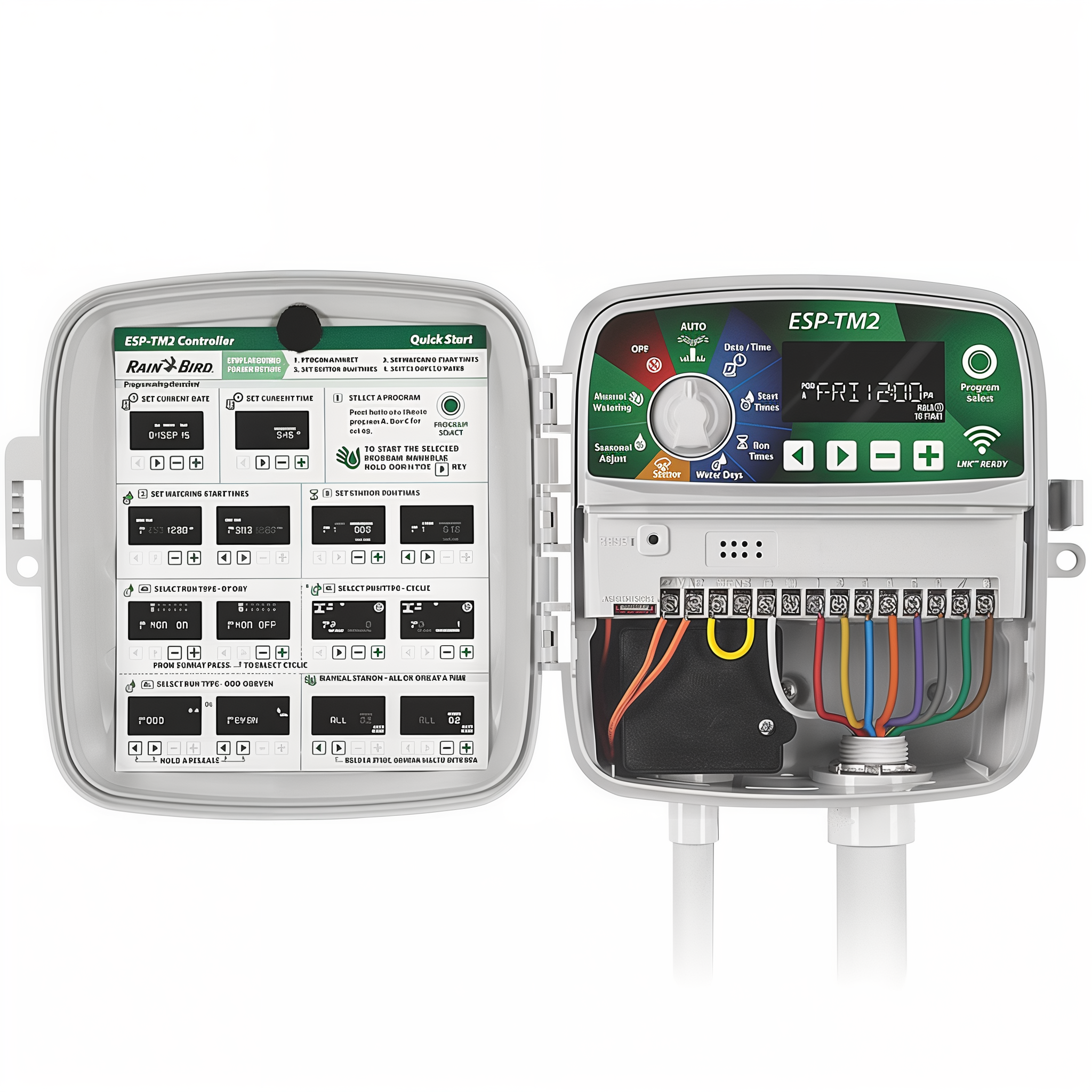 Rain Bird ESP-TM2 controller with door open showing wiring terminals, SENS rain sensor input and master valve M terminal