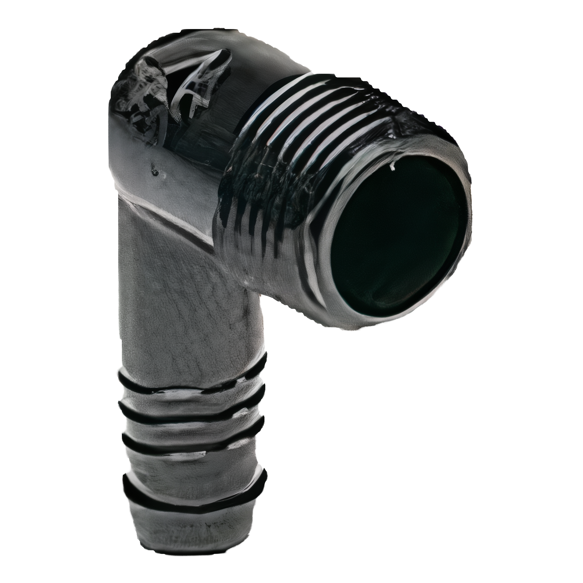Rain Bird SBE male NPT to 1/2 inch barb 90 degree elbow fitting for drip irrigation poly tubing on transparent background