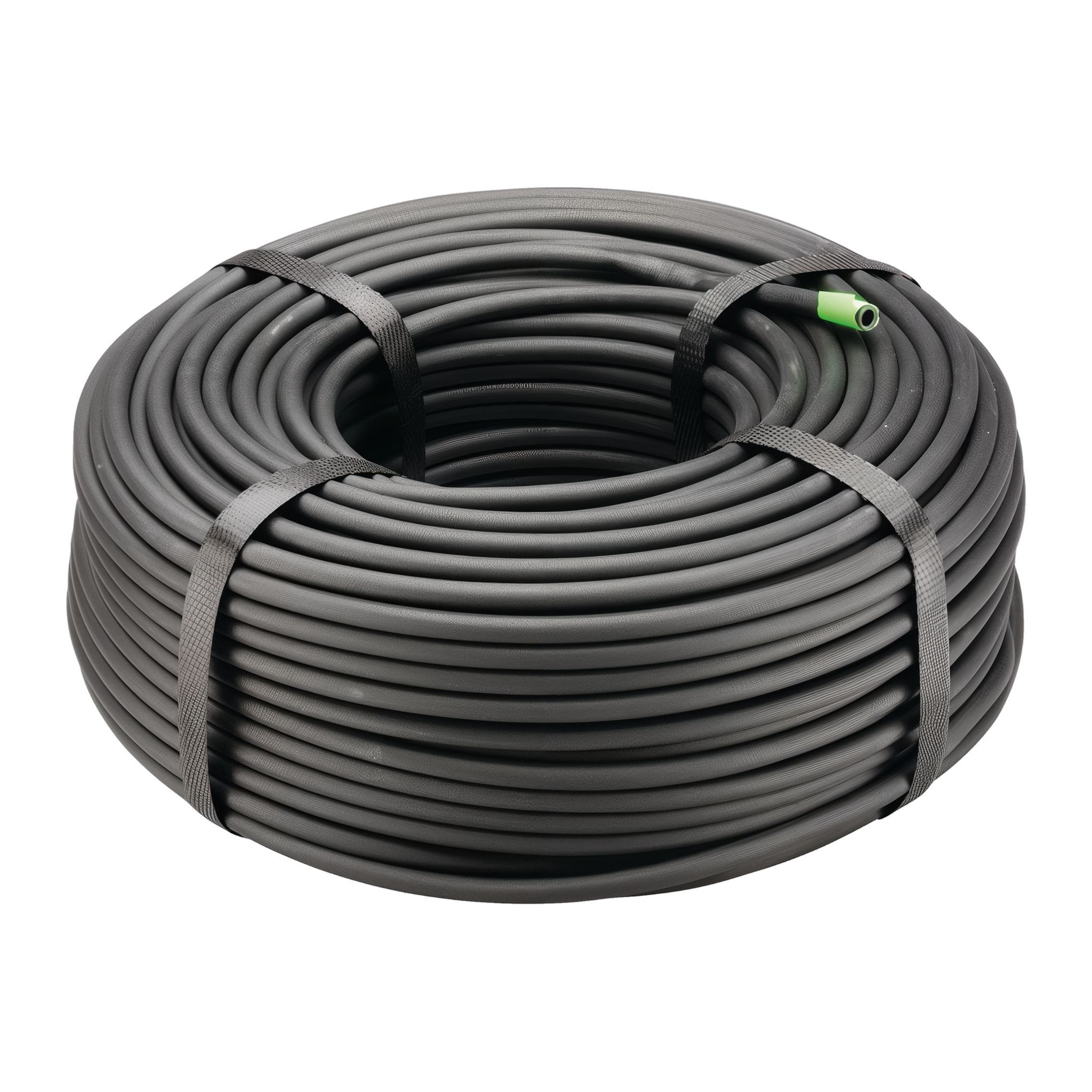 Rain Bird XQ100 1/4 inch drip distribution tubing 100 foot black coil with green barbed insert fitting on transparent background