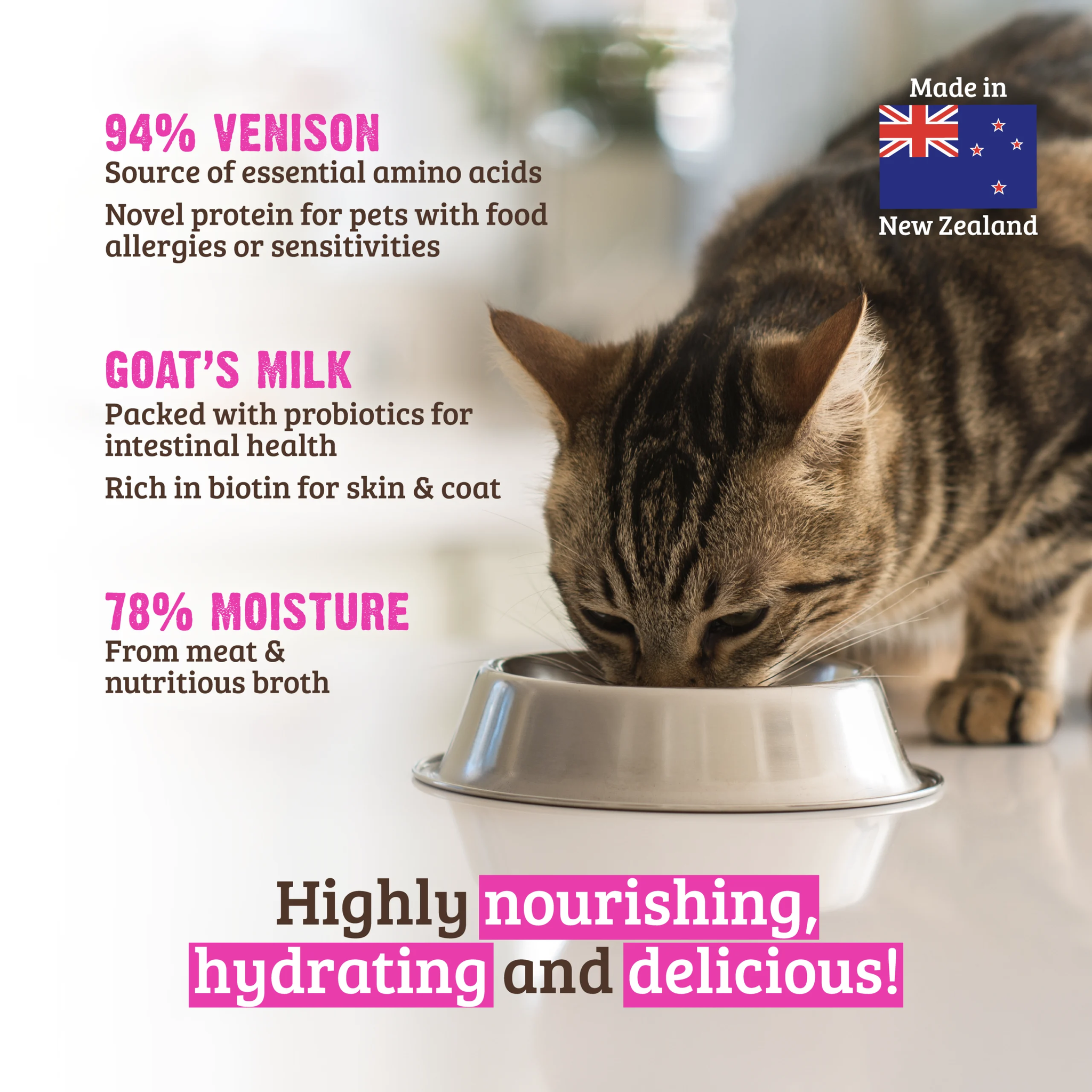 Cat eating RAWZ venison recipe: 94% venison novel protein, goat's milk probiotics, 78% moisture