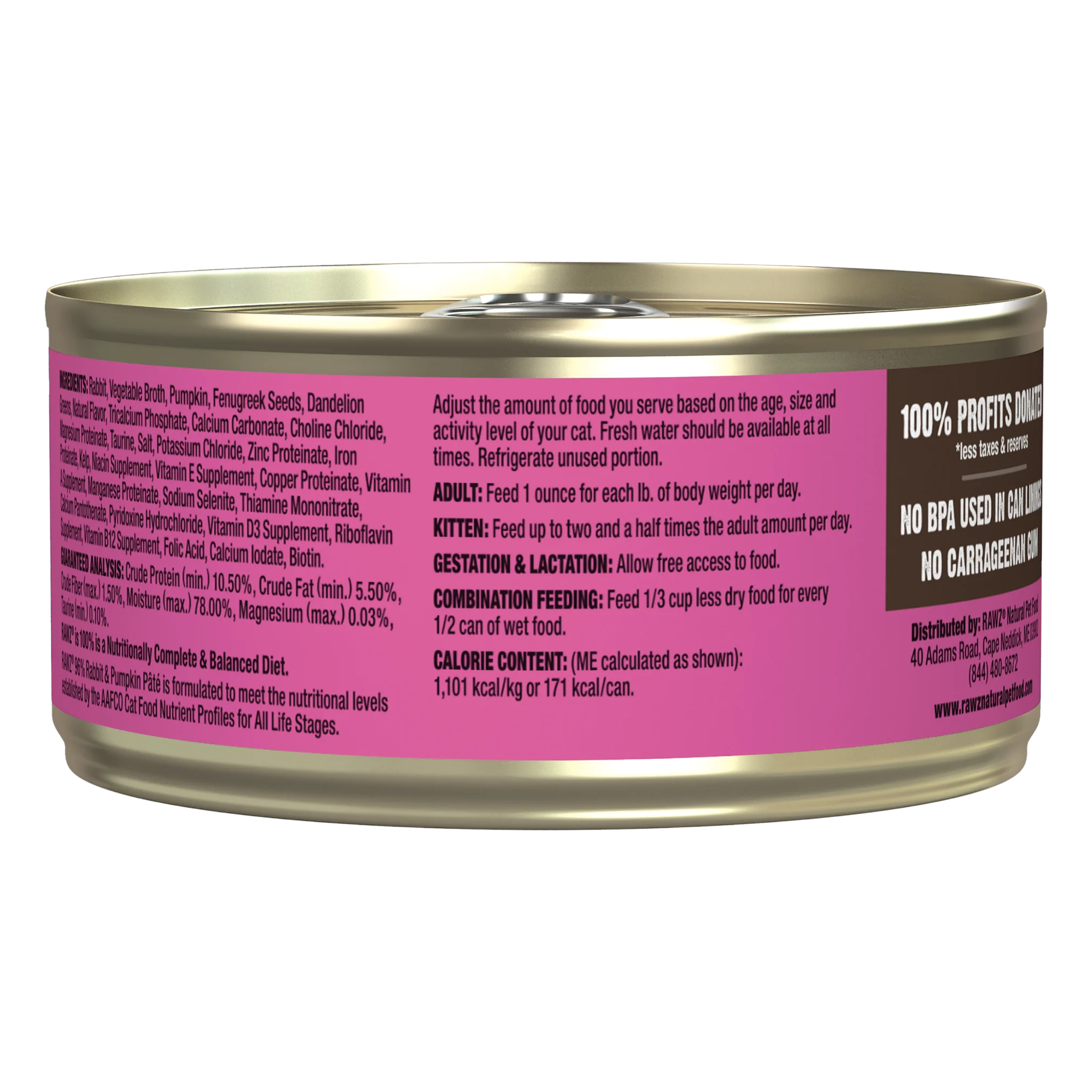 Back of the RAWZ 96% Rabbit and Pumpkin Pate can with ingredients, guaranteed analysis, feeding guide and calorie content