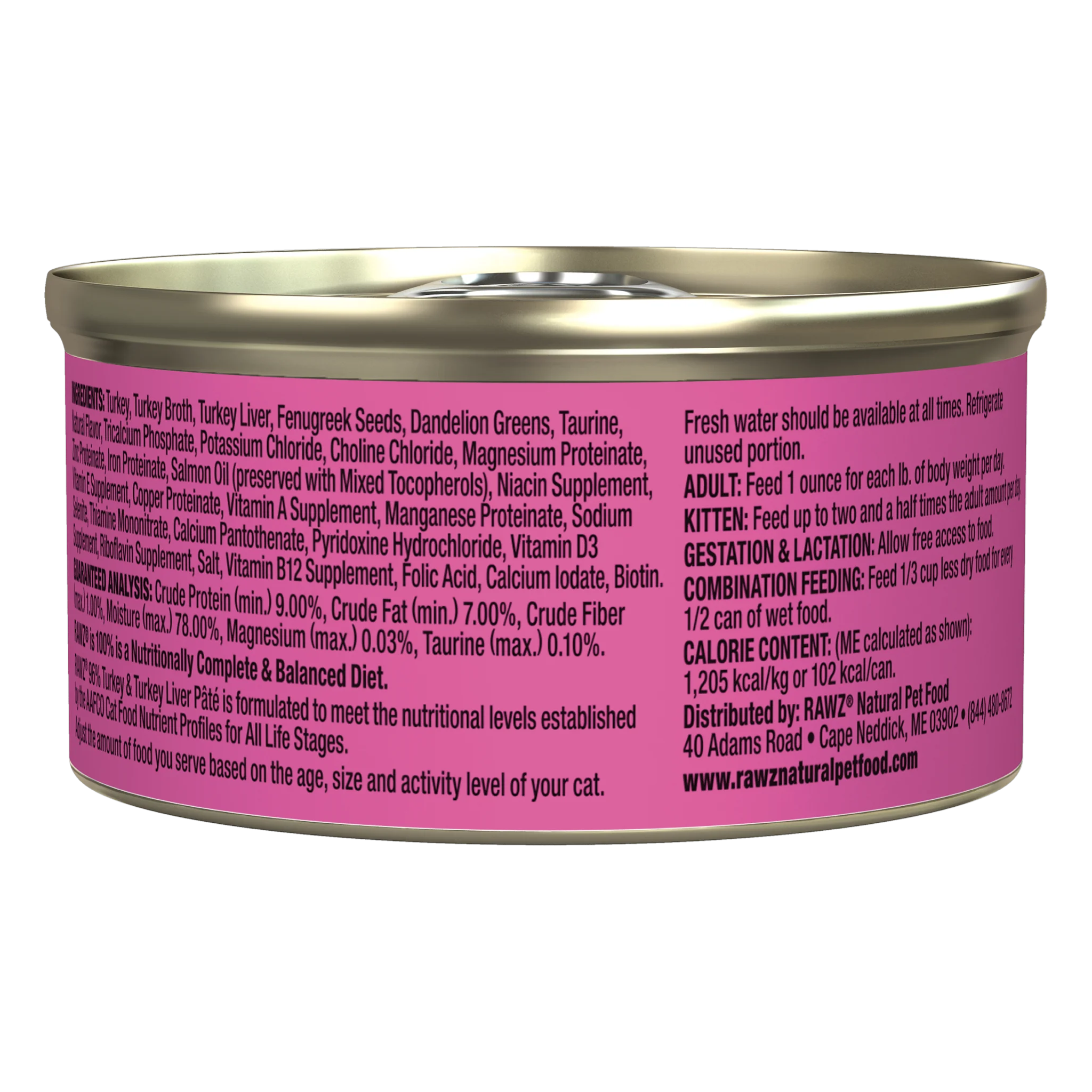 Back of the RAWZ 96% Turkey and Turkey Liver Pate can with ingredients, guaranteed analysis, feeding guide and calorie content