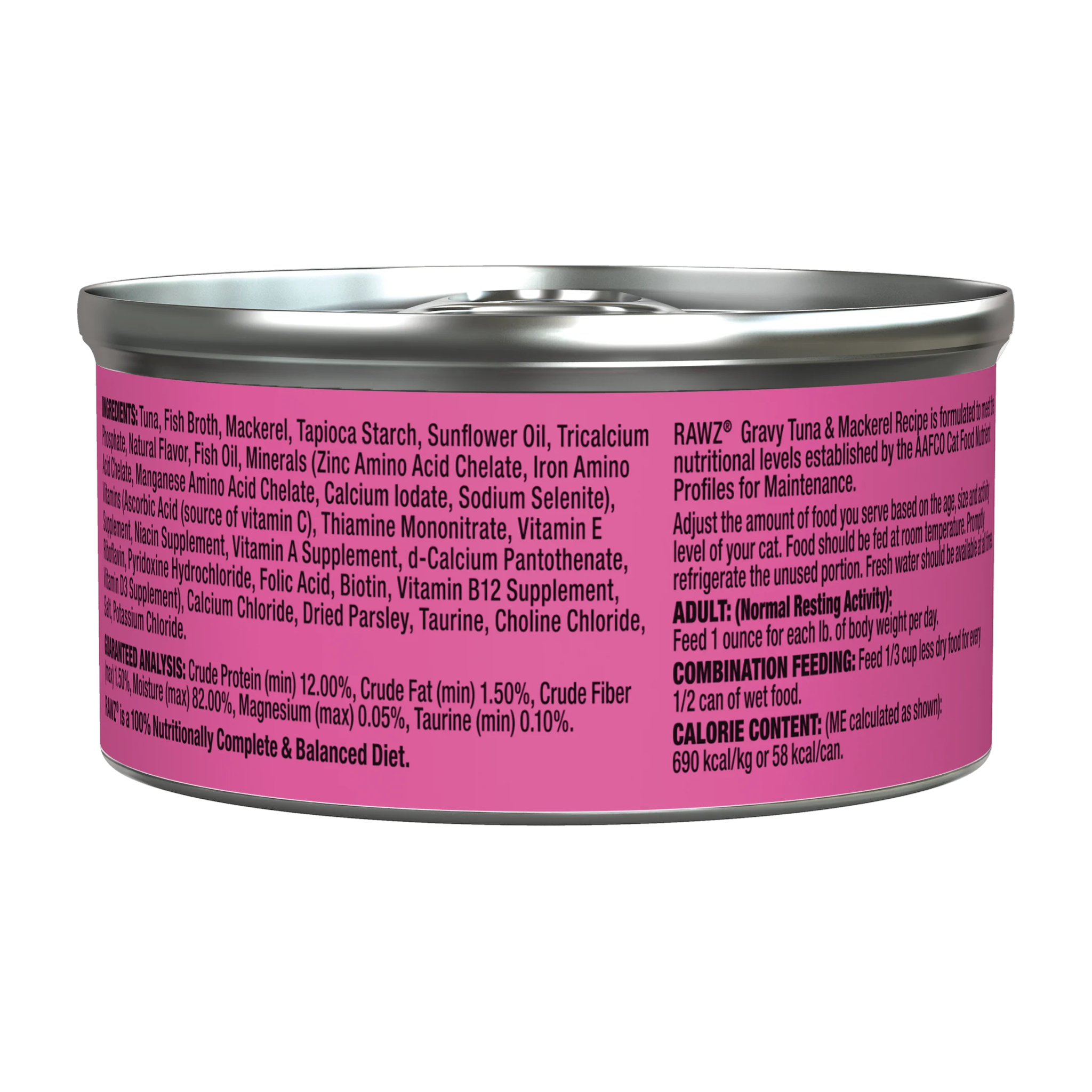 Back of the RAWZ Gravy Tuna & Mackerel can with ingredients, guaranteed analysis, and feeding guide