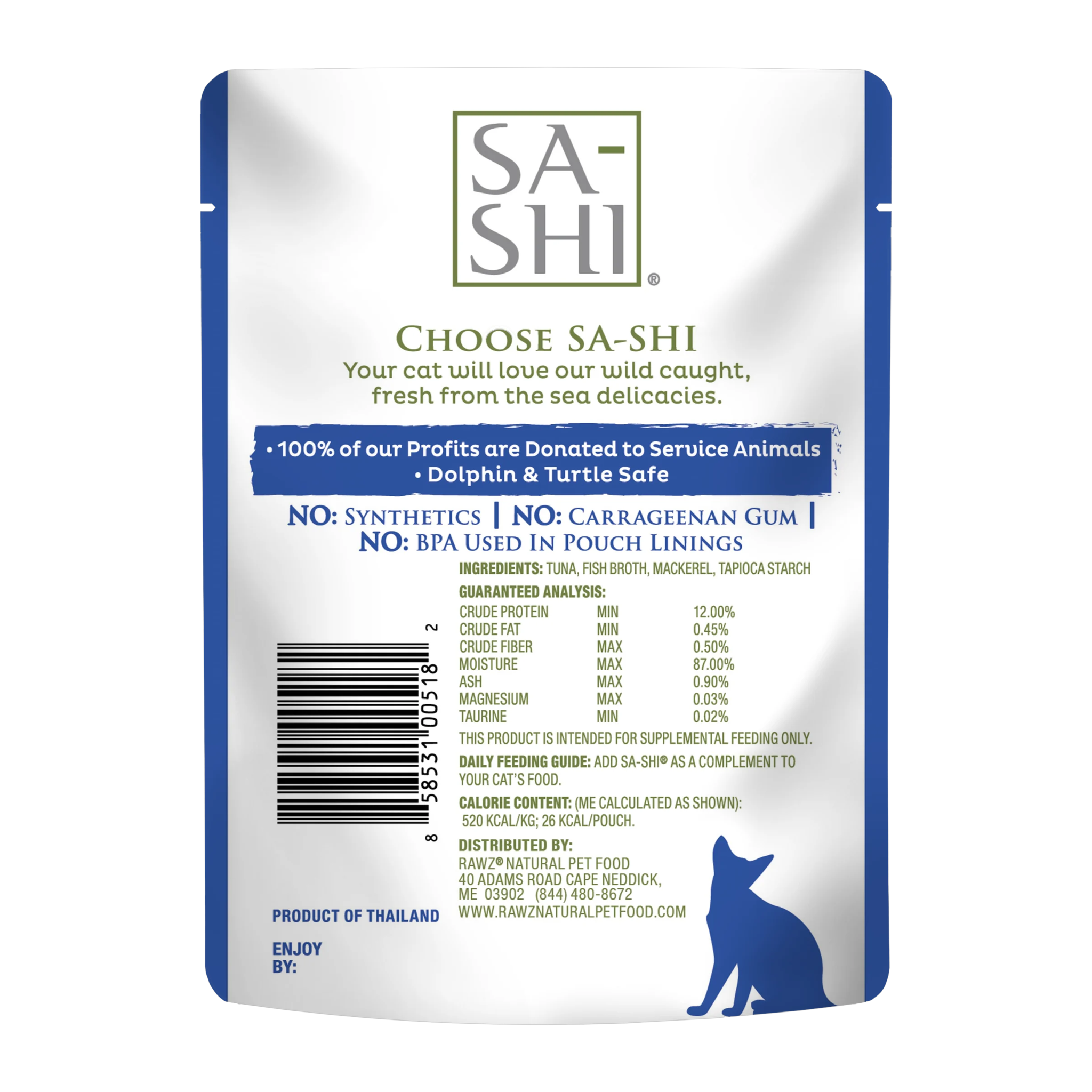 Back of the Sa-Shi Aku Tuna & Mackerel pouch with ingredients, guaranteed analysis, and feeding guide