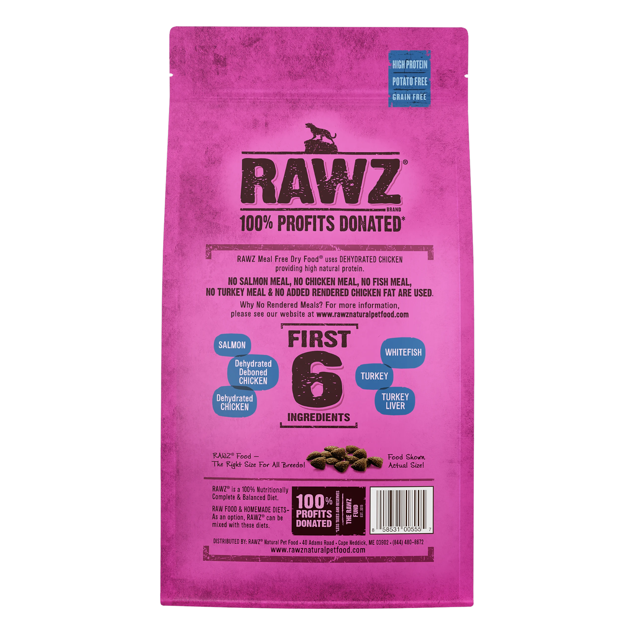 Back of the bag showing the first six ingredients with no fish, chicken or turkey meal and no rendered chicken fat