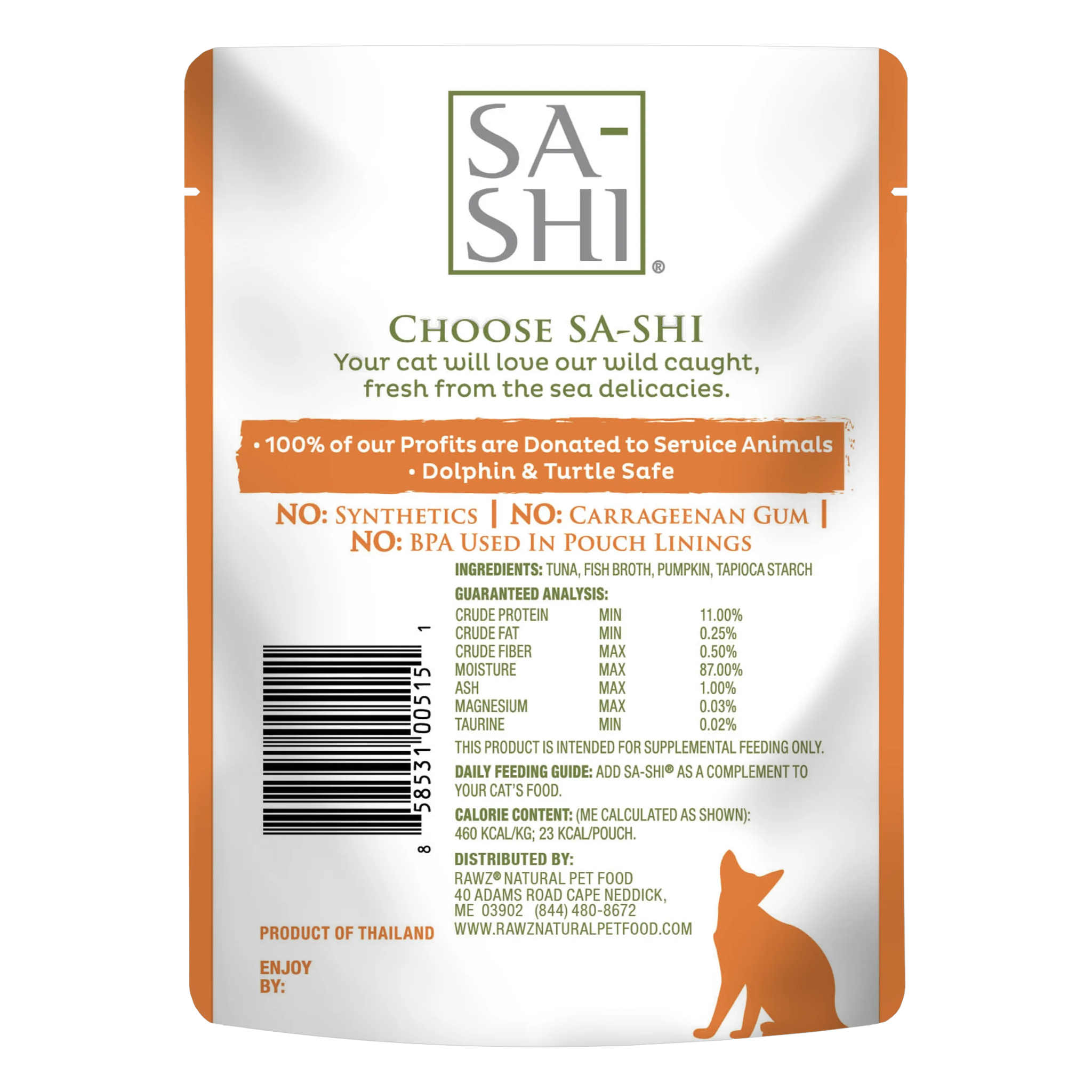 Back of the Sa-Shi Aku Tuna and Pumpkin pouch with ingredients, guaranteed analysis, feeding guide and calorie content
