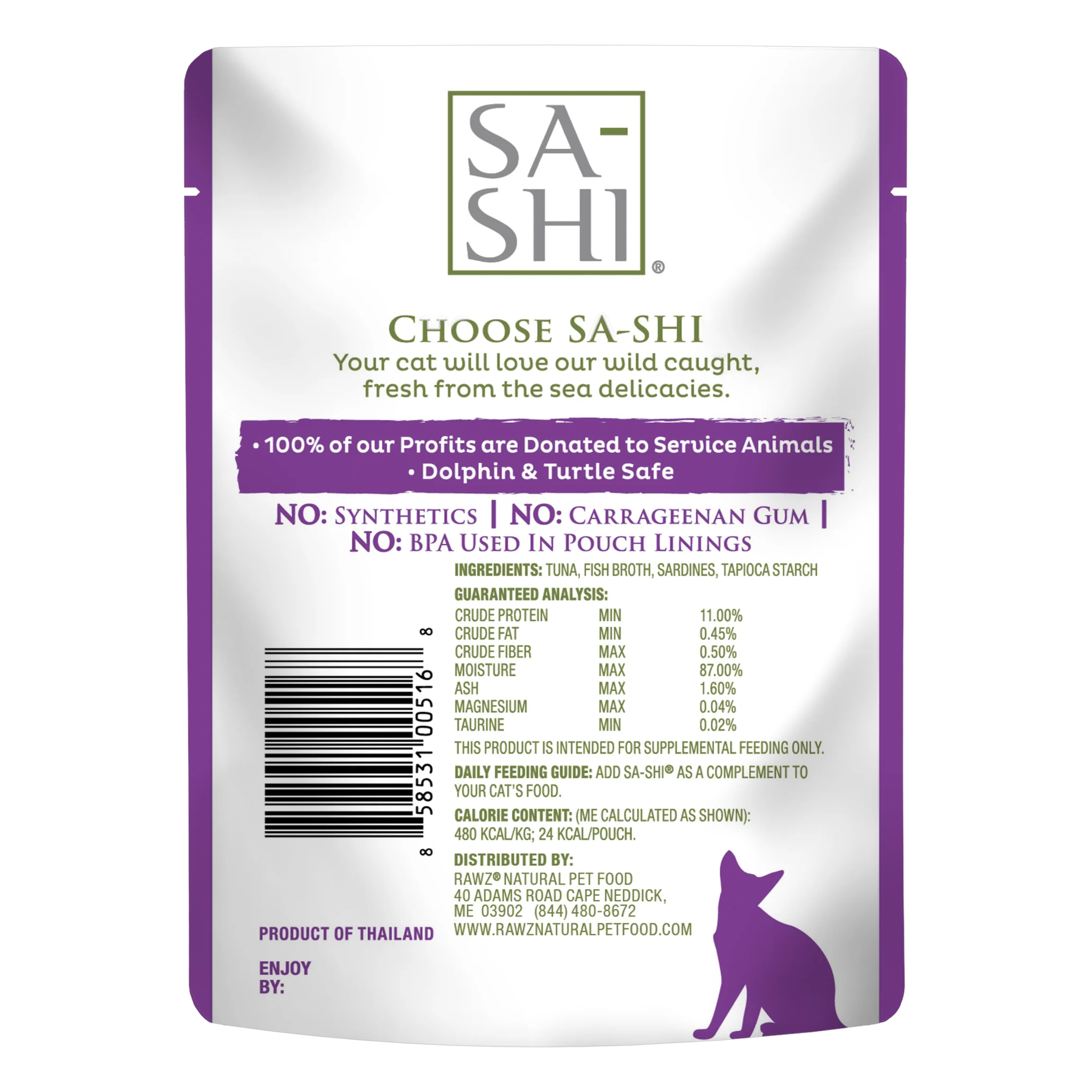 Back of the Sa-Shi Aku Tuna and Sardines pouch with ingredients, guaranteed analysis, feeding guide and calorie content