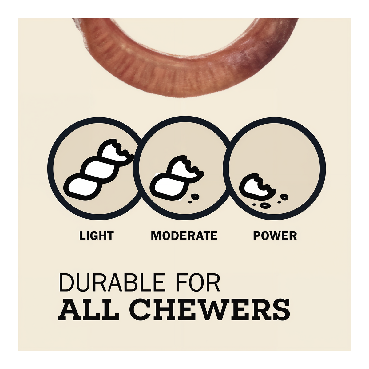 Redbarn Bully Rings -- product label with power levels and durability text on a beige background