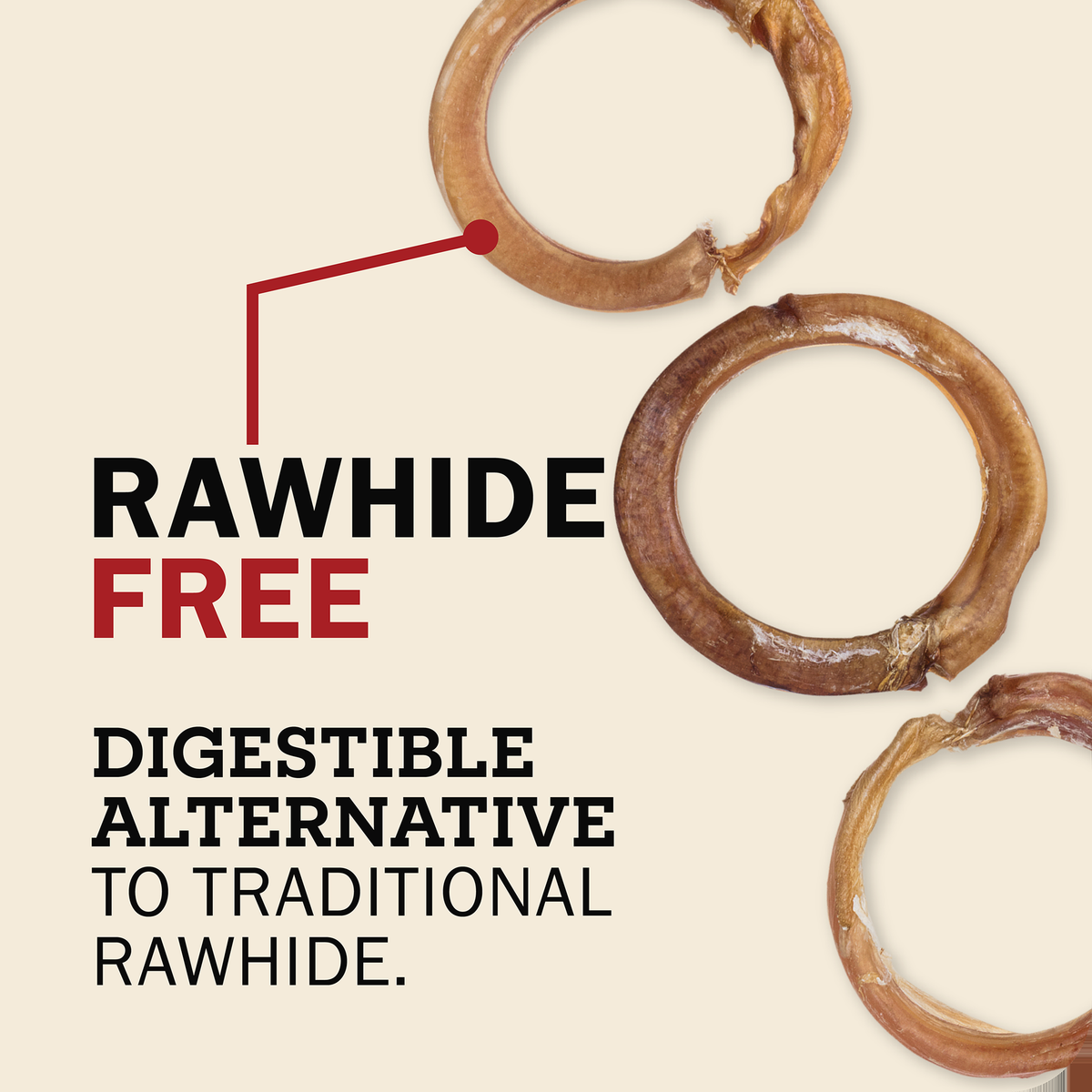 Redbarn Bully Rings -- text graphic reading 'rawhide free' and 'digestible alternative to traditional r