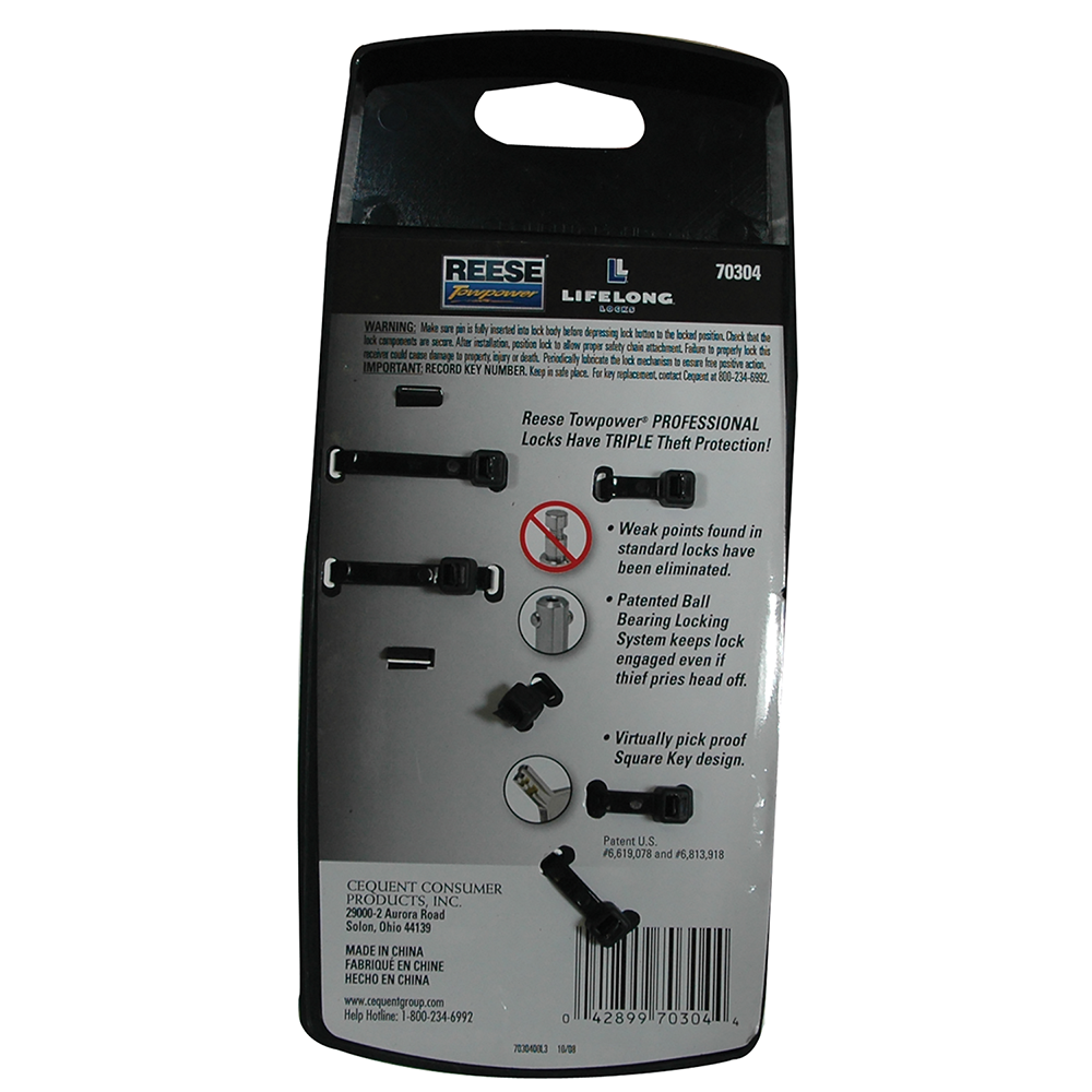 Reese Towpower Trailer Hitch Lock - package back.